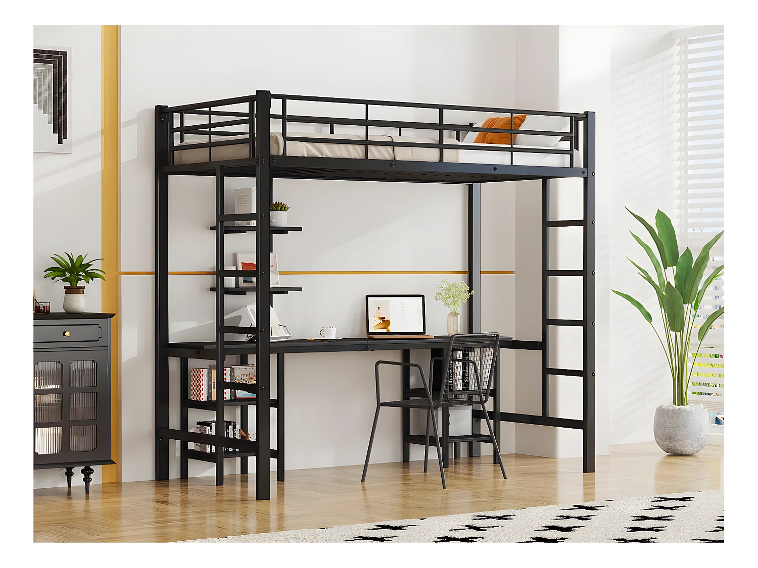 Lit mezzanine 90x200 cm - avec bureau et étagères - cadre en fer - Noir