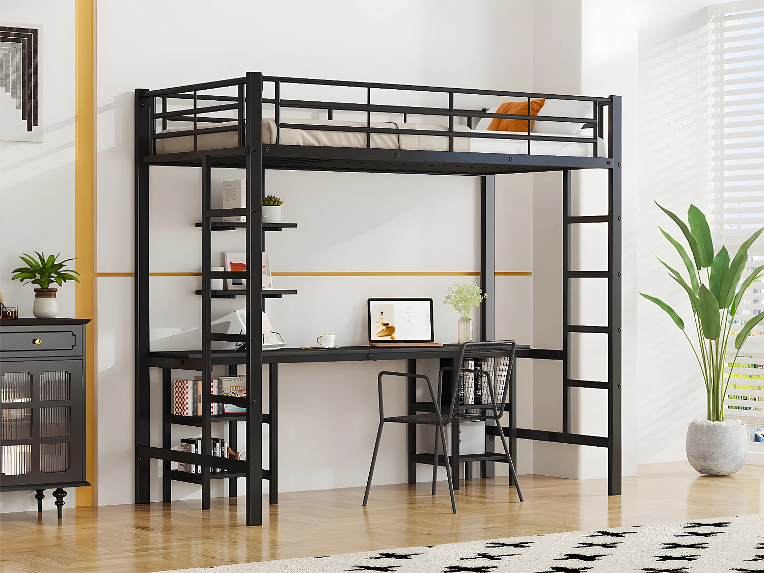 Hoogslaper 90x200 cm - met bureau en planken - ijzeren frame - Zwart