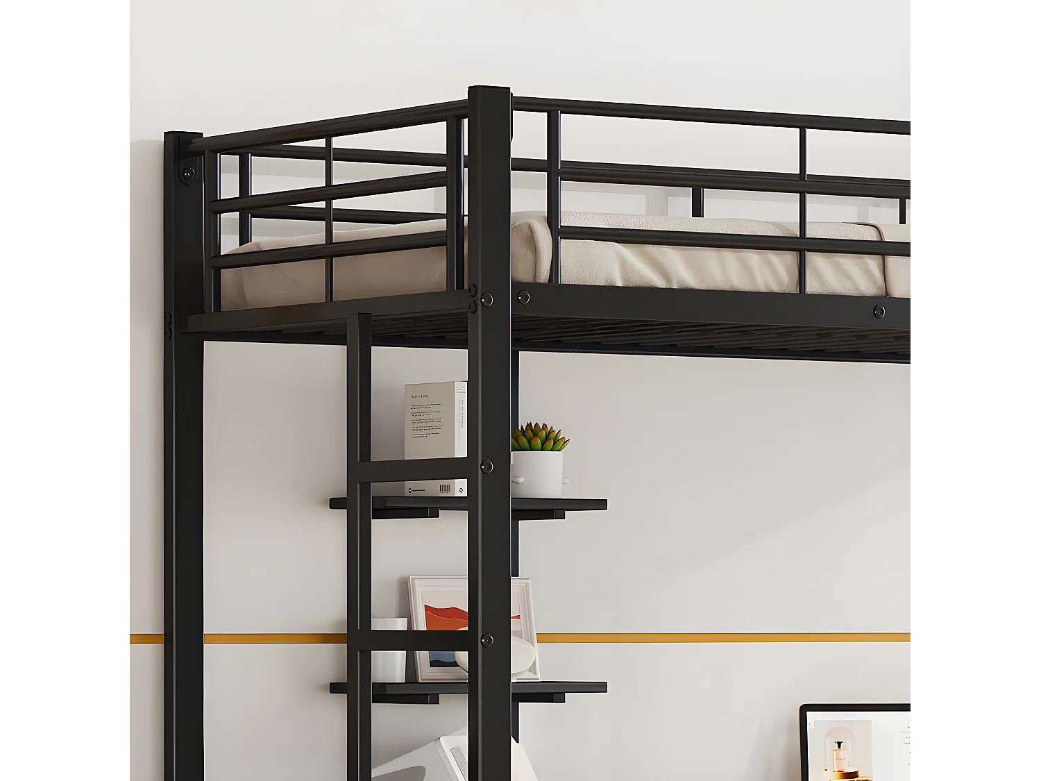 Hoogslaper 90x200 cm - met bureau en planken - ijzeren frame - Zwart