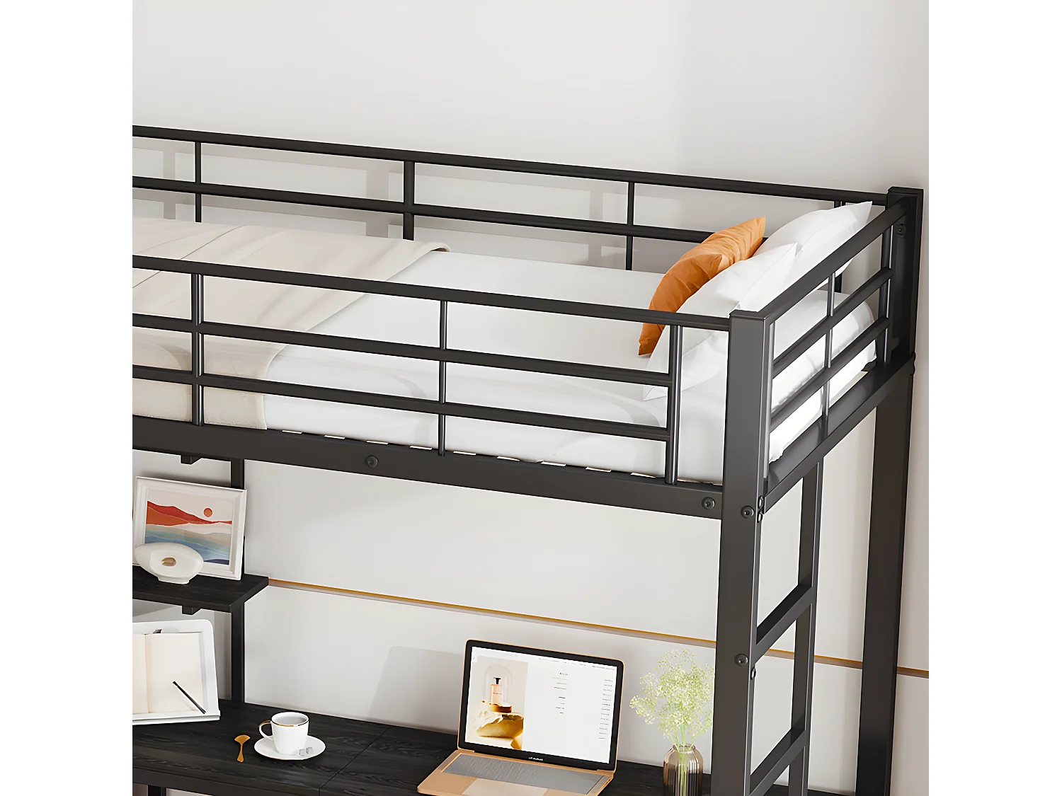 Hoogslaper 90x200 cm - met bureau en planken - ijzeren frame - Zwart