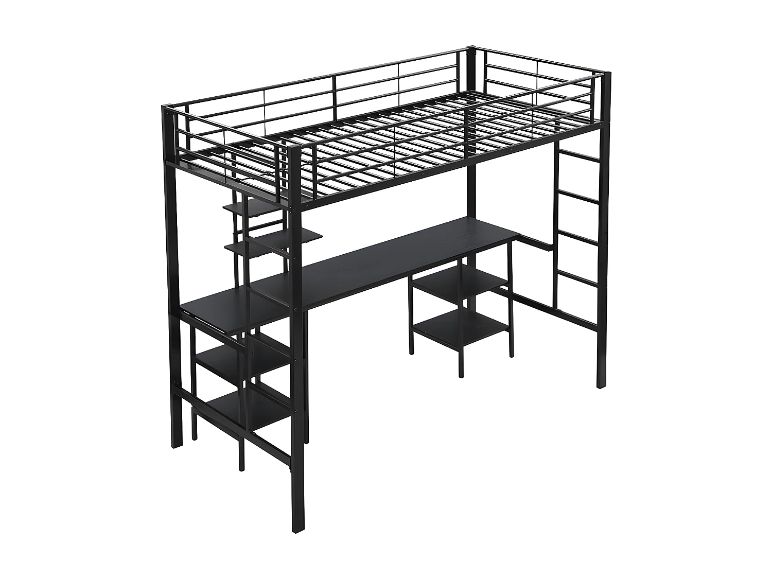 Hoogslaper 90x200 cm - met bureau en planken - ijzeren frame - Zwart