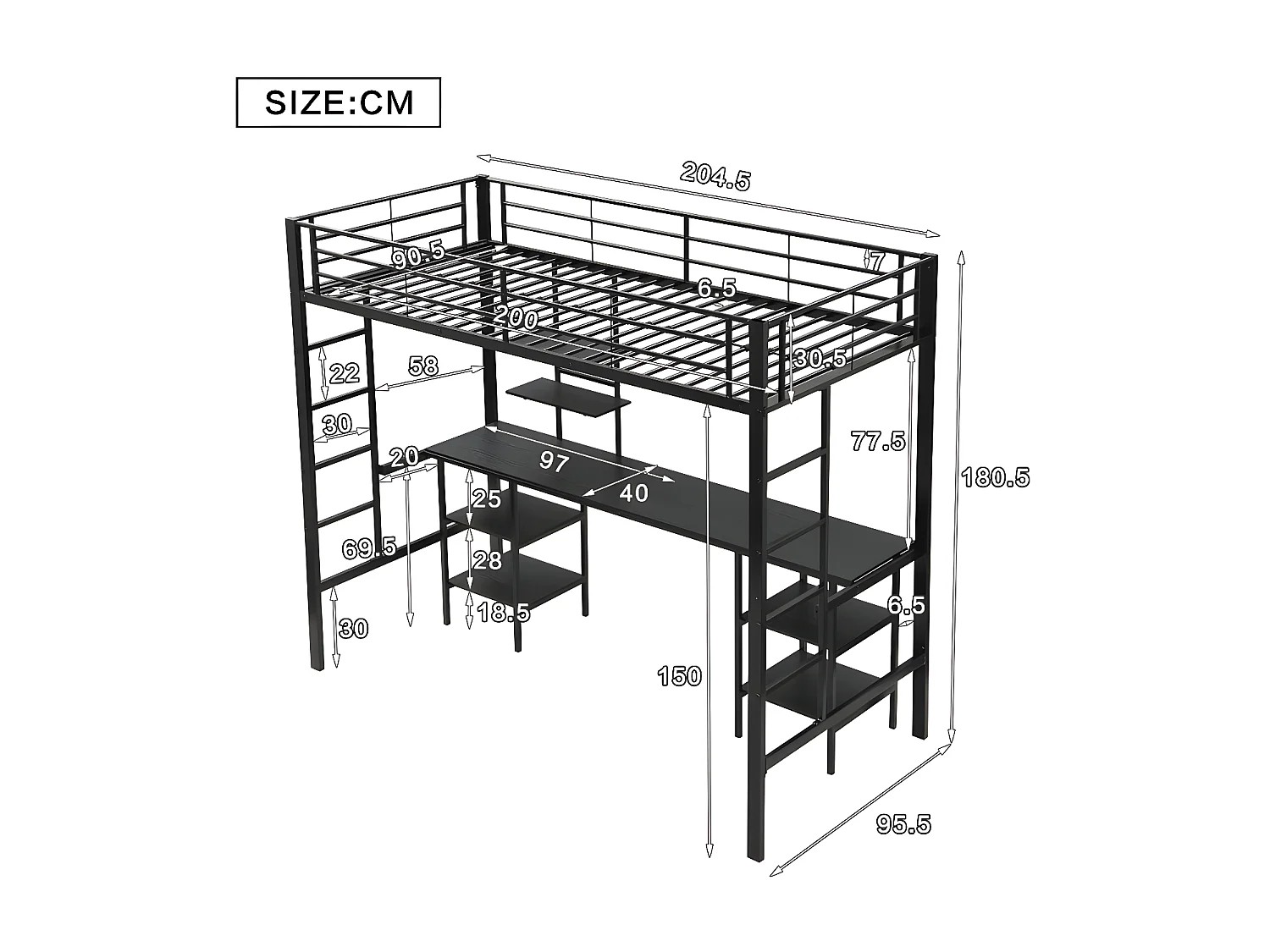 Hoogslaper 90x200 cm - met bureau en planken - ijzeren frame - Zwart