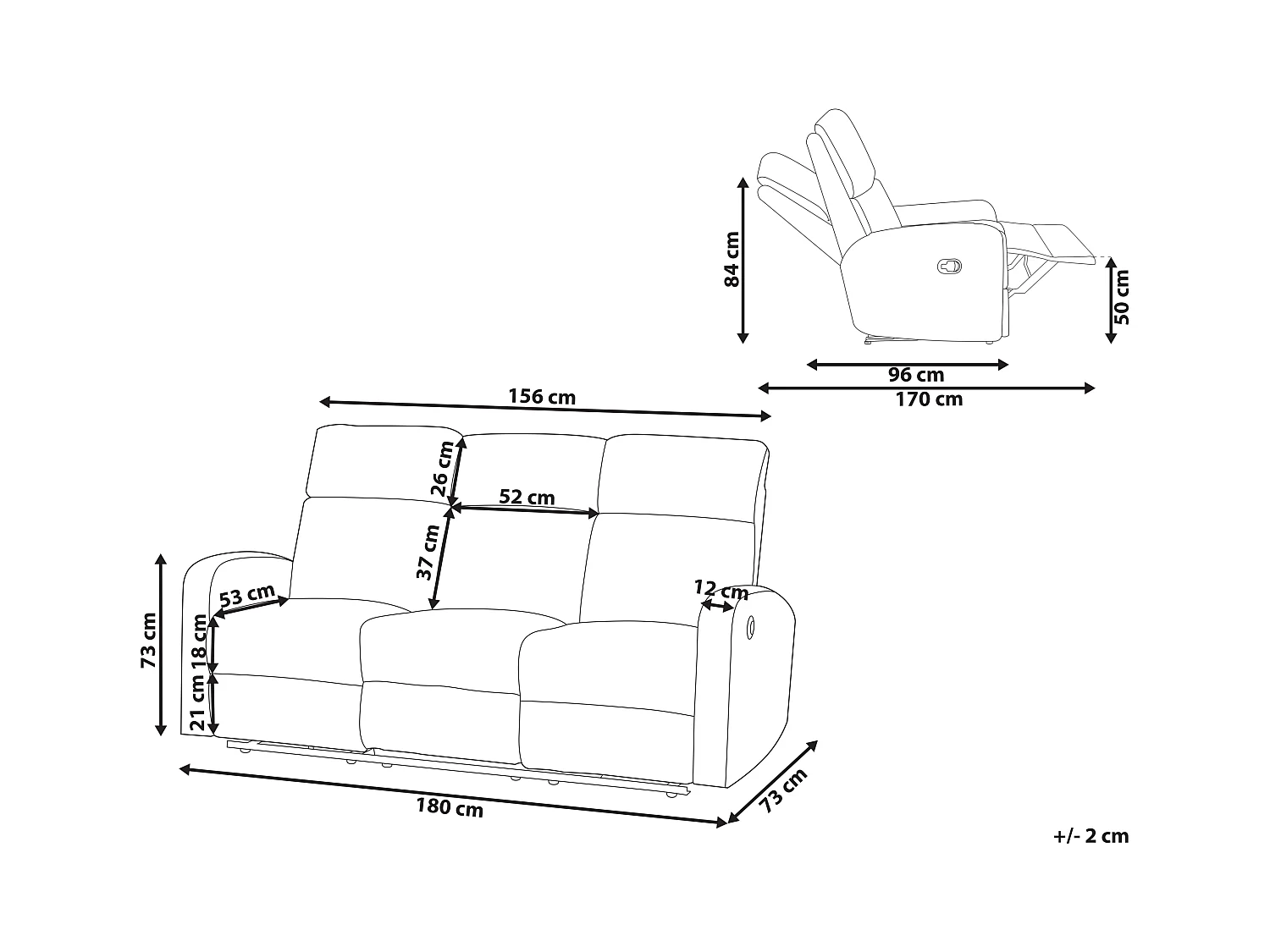 Sofa manuell verstellbar VERDAL Samtstoff Cremeweiss 3-Sitzer