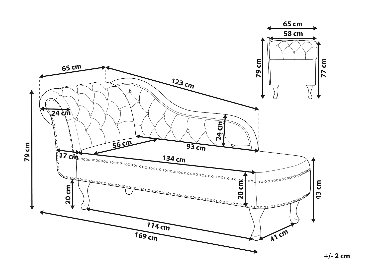 Chaise longue en velours côté droite beige clair NIMES