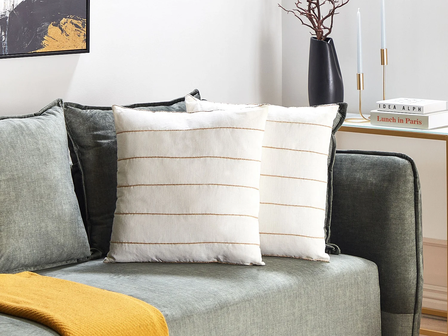 Set van 2 decoratieve kussens MILAS Linnen 50 x 50 cm Wit Gestreept