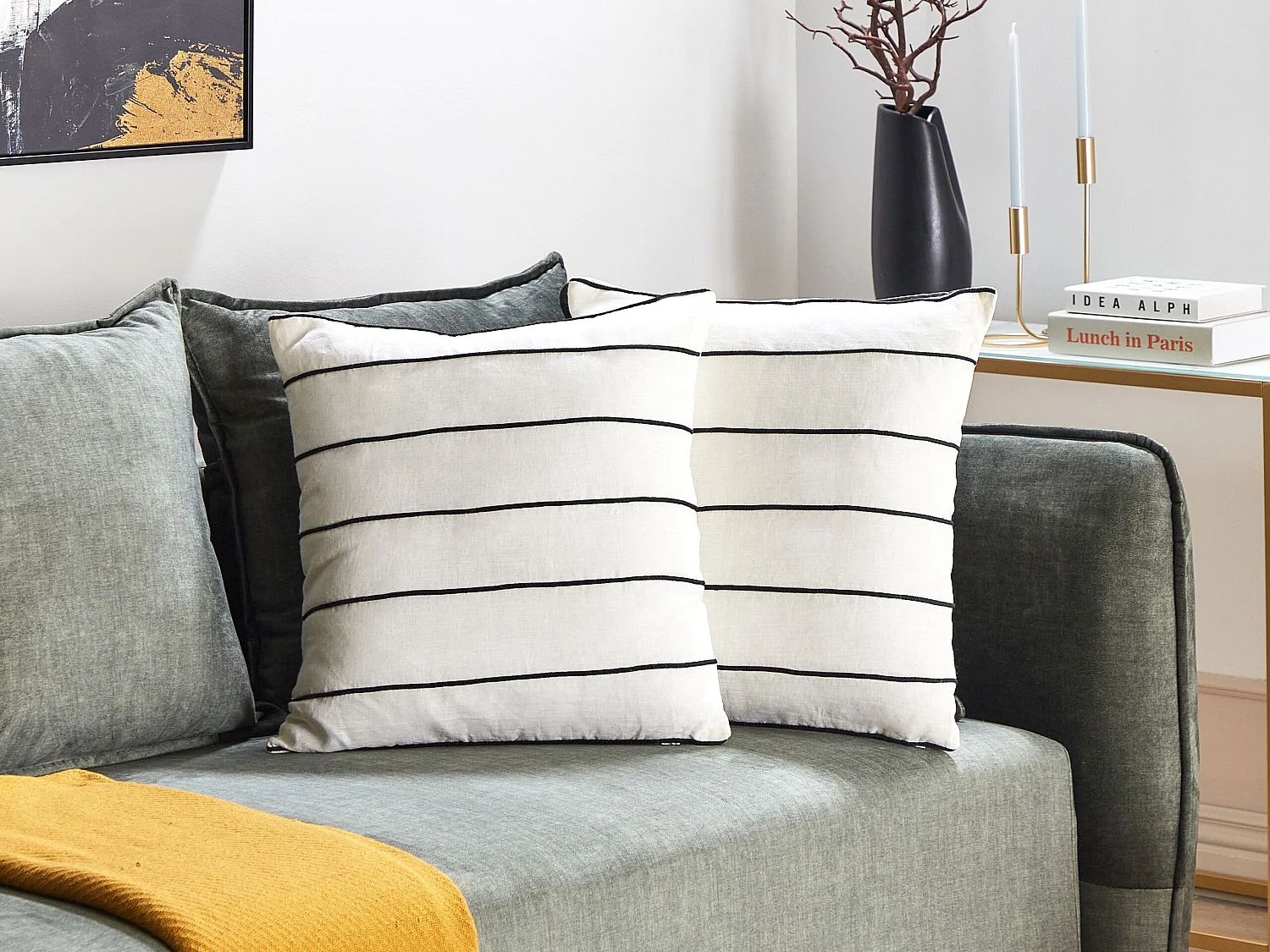 Lot de 2 coussins décoratifs MILAS Lin 50 x 50 cm Noir/blanc À rayure