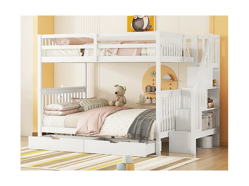 Etagenbetten 2 x 140 x 200 cm für Kinder – Treppenregal + 2 Schubladen – MDF-Holz – Weiß