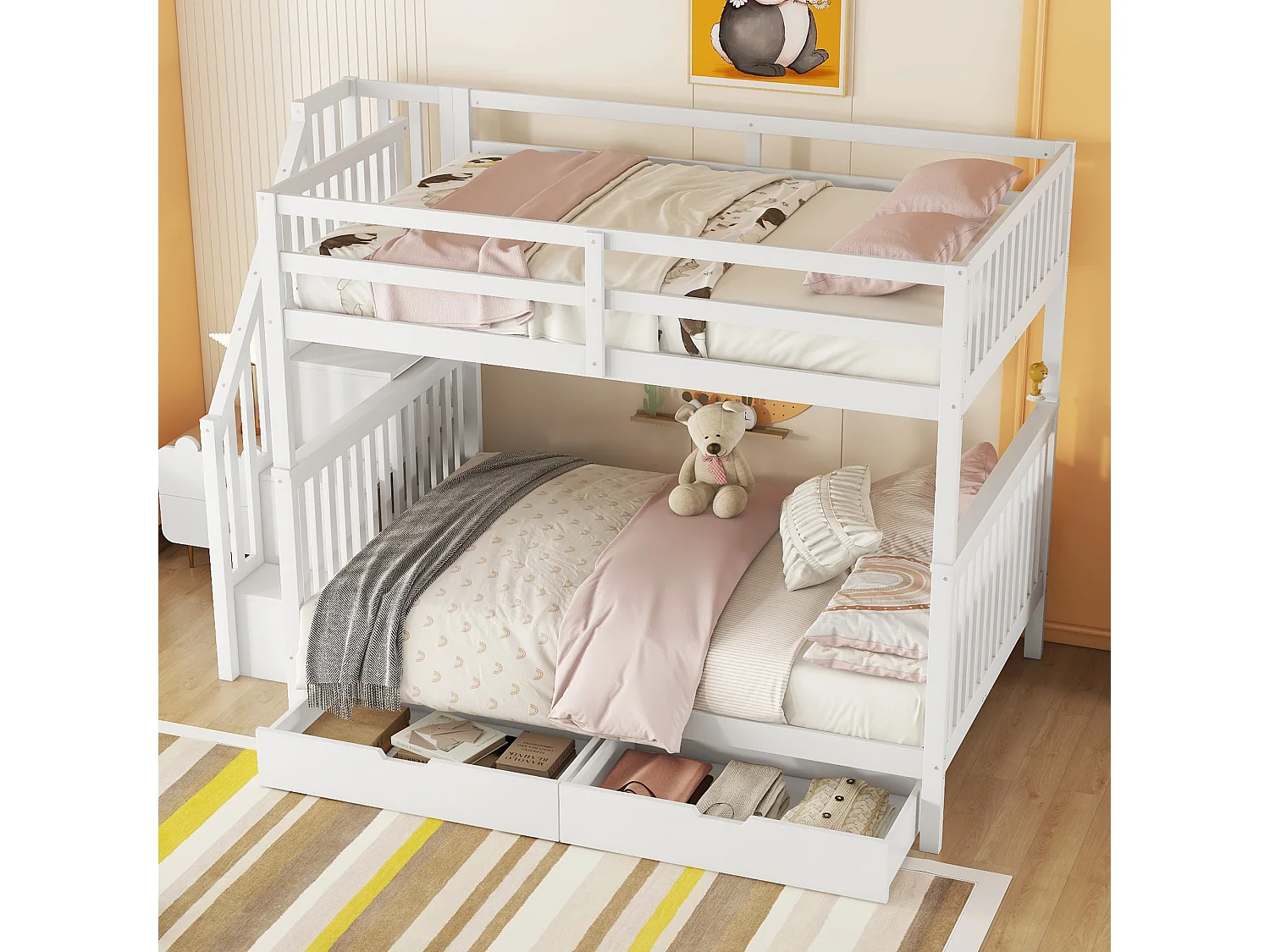 Etagenbetten 2 x 140 x 200 cm für Kinder – Treppenregal + 2 Schubladen – MDF-Holz – Weiß