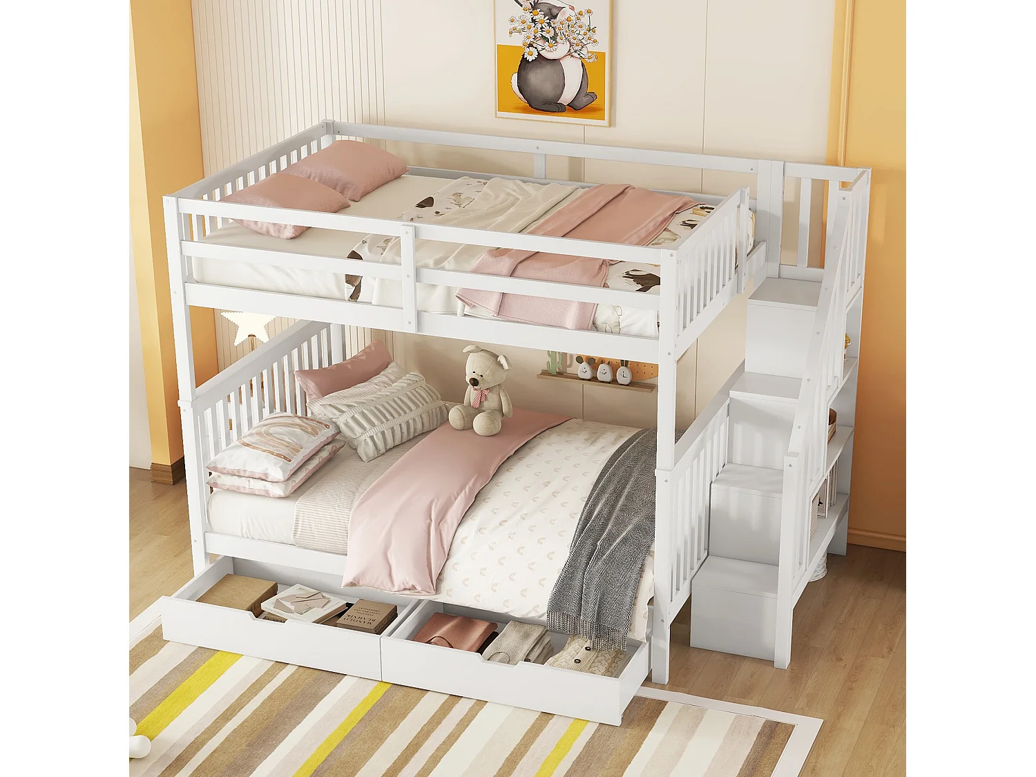 Etagenbetten 2 x 140 x 200 cm für Kinder – Treppenregal + 2 Schubladen – MDF-Holz – Weiß