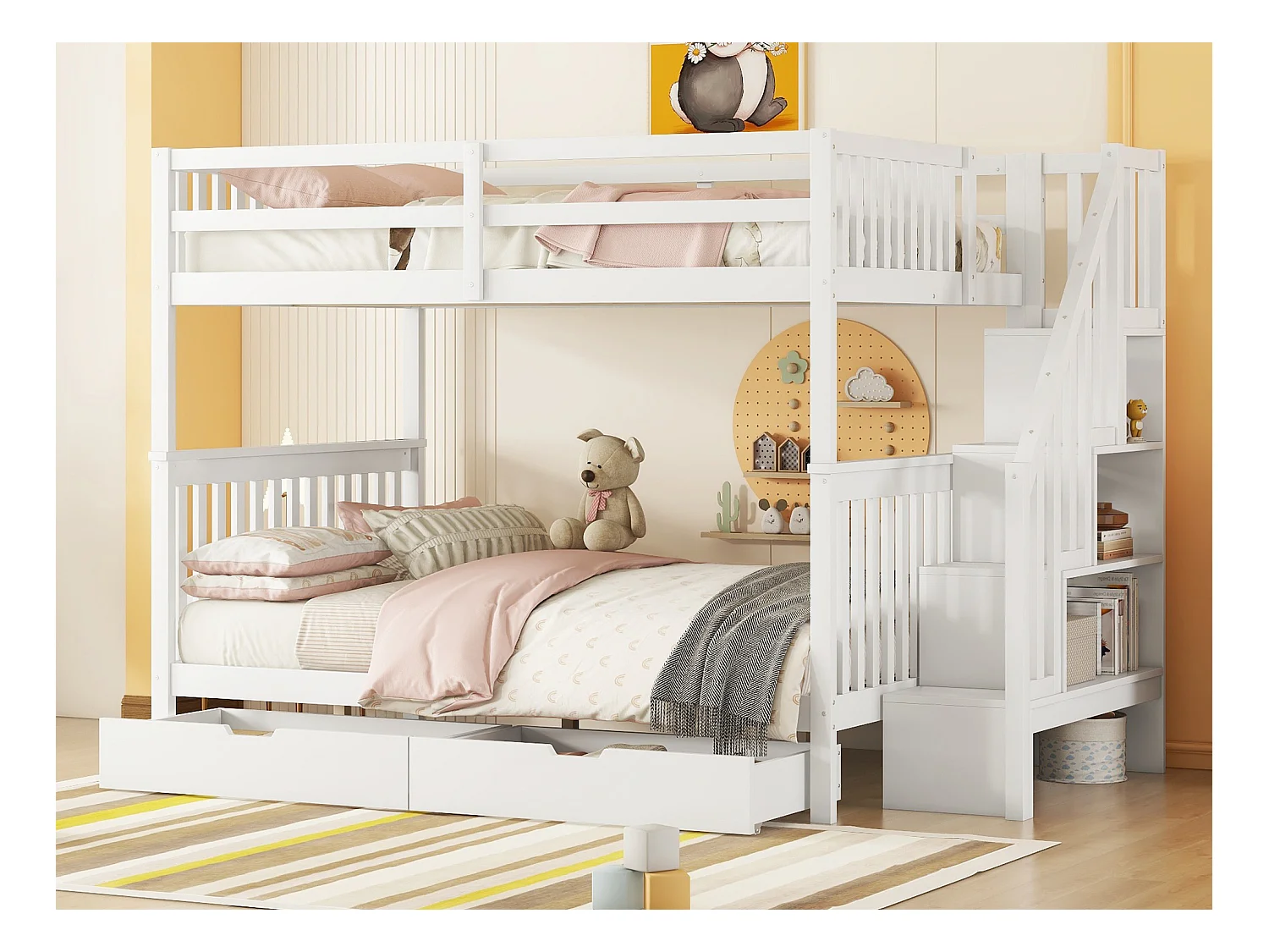Lits superposés 2 x 140 x 200 cm pour enfant - étagère d'escalier + 2 tiroirs - bois MDF - Blanc