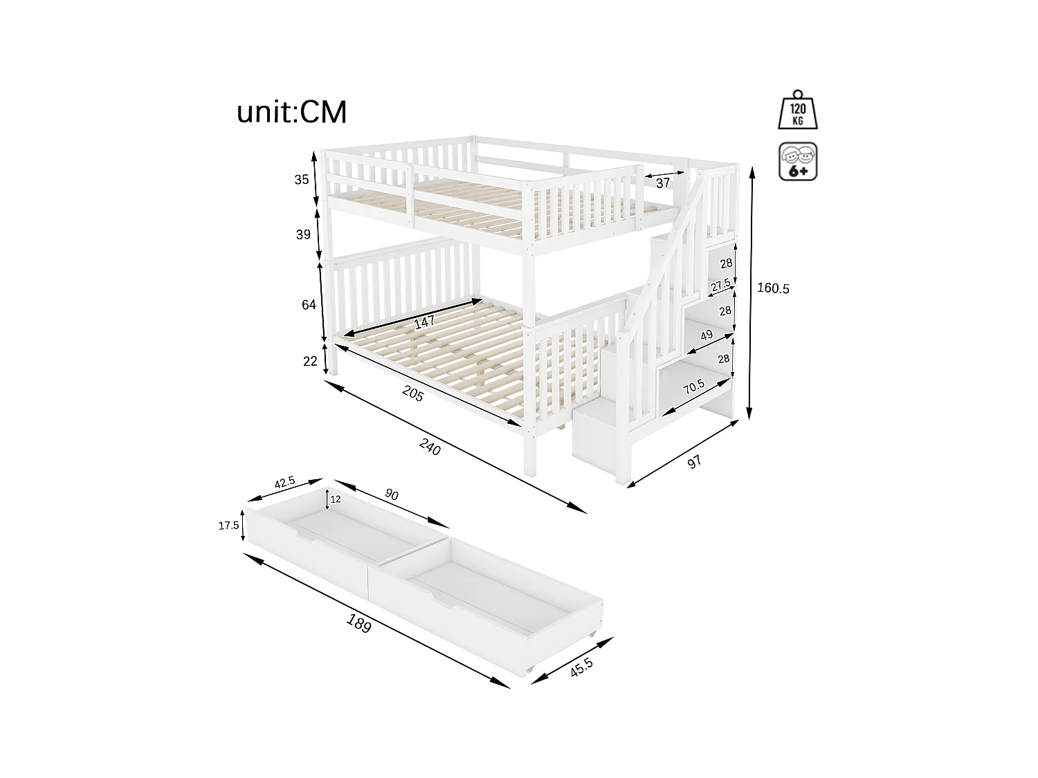 Lits superposés 2 x 140 x 200 cm pour enfant - étagère d'escalier + 2 tiroirs - bois MDF - Blanc