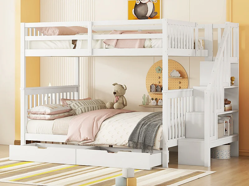 Etagenbetten 2 x 140 x 200 cm für Kinder – Treppenregal + 2 Schubladen – MDF-Holz – Weiß