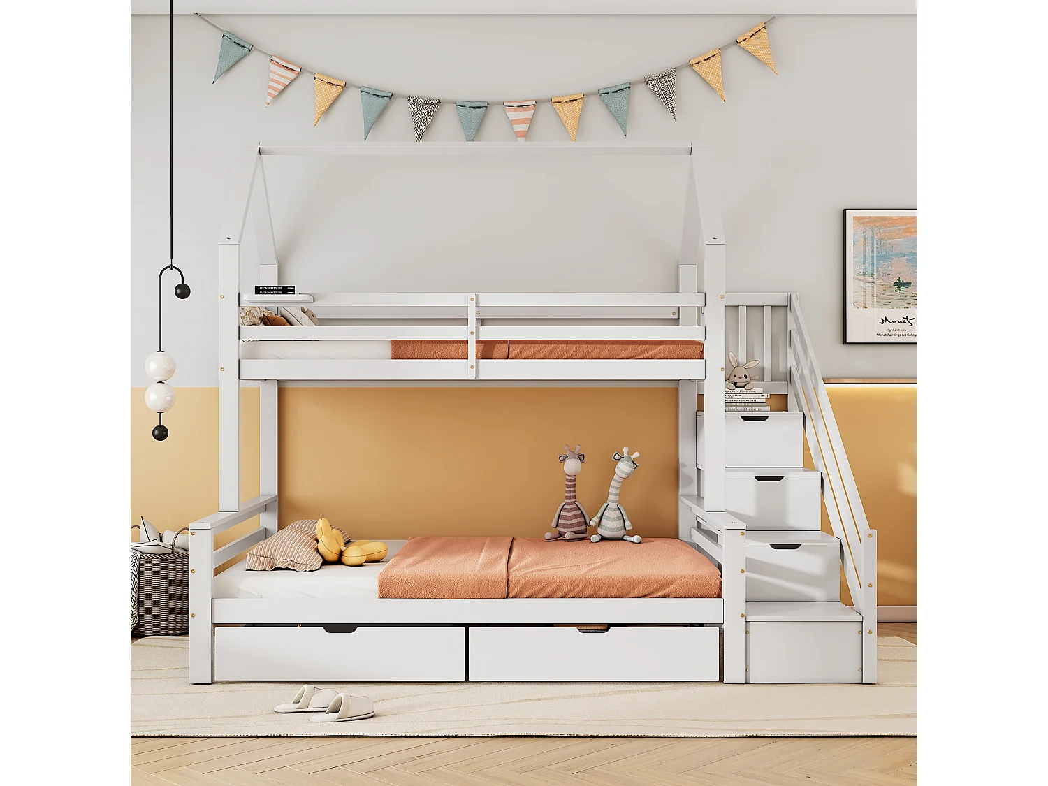 Literas 140 x 200 cm + 90 x 200 cm - 5 cajones y estantes de escalera - madera de pino - blanco