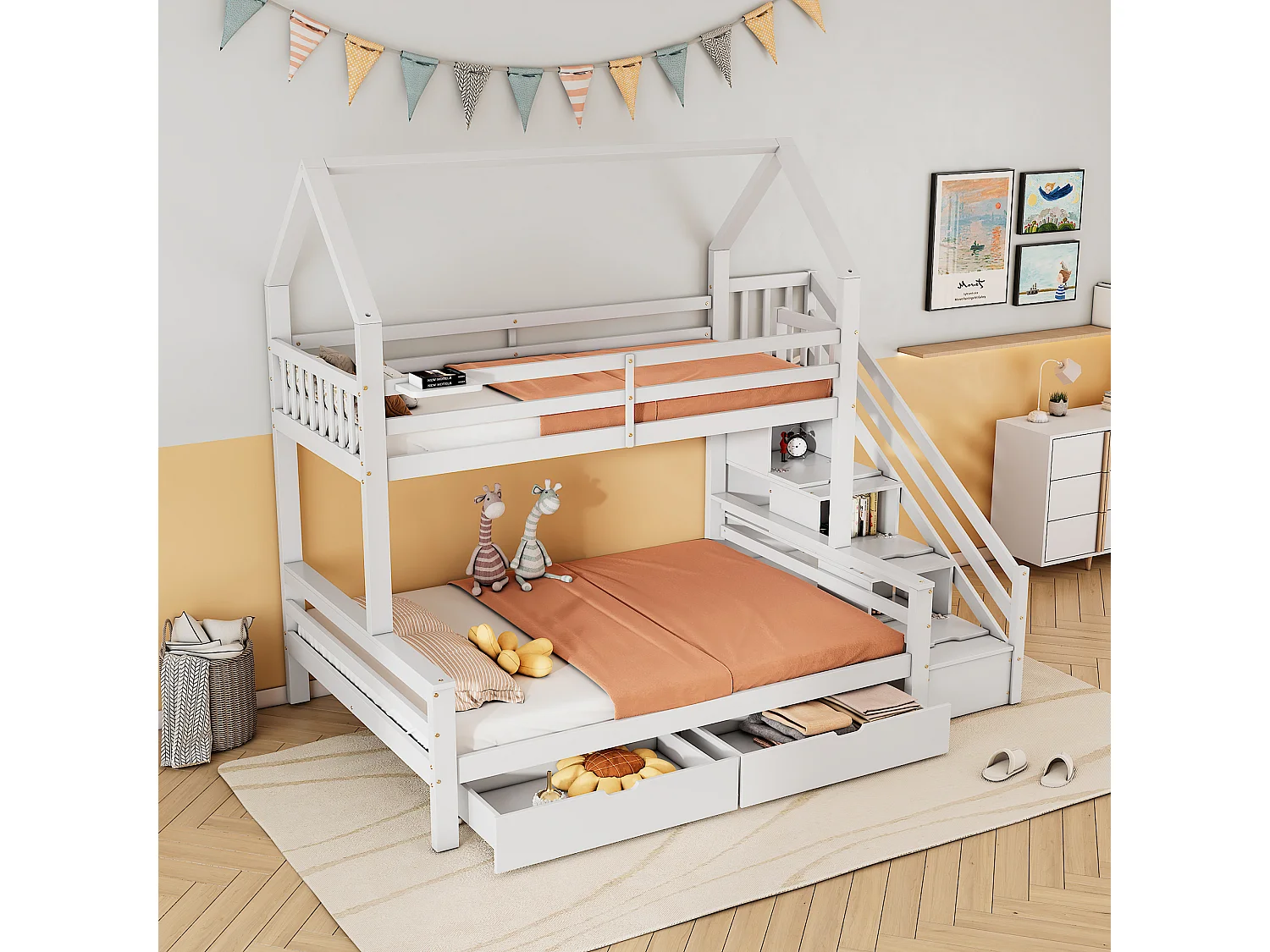 Literas 140 x 200 cm + 90 x 200 cm - 5 cajones y estantes de escalera - madera de pino - blanco