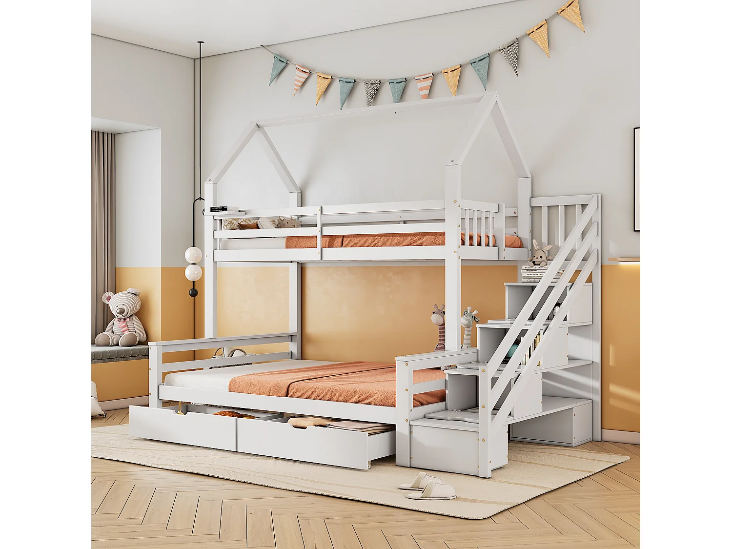 Literas 140 x 200 cm + 90 x 200 cm - 5 cajones y estantes de escalera - madera de pino - blanco