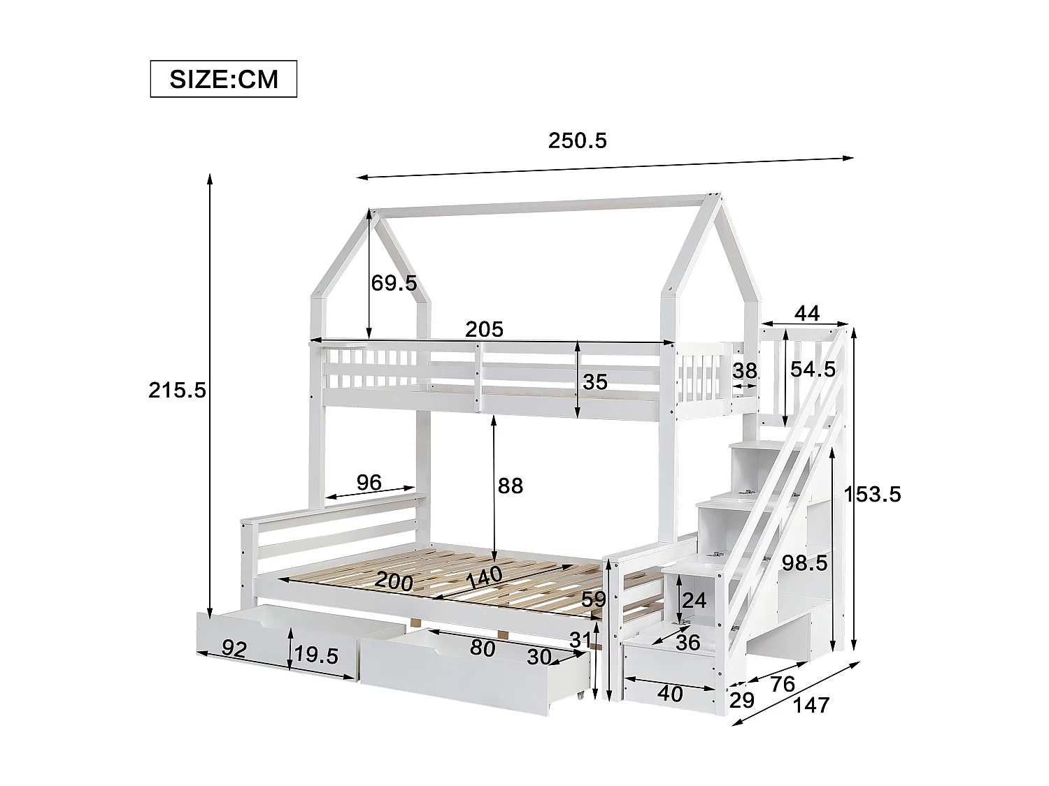 Literas 140 x 200 cm + 90 x 200 cm - 5 cajones y estantes de escalera - madera de pino - blanco