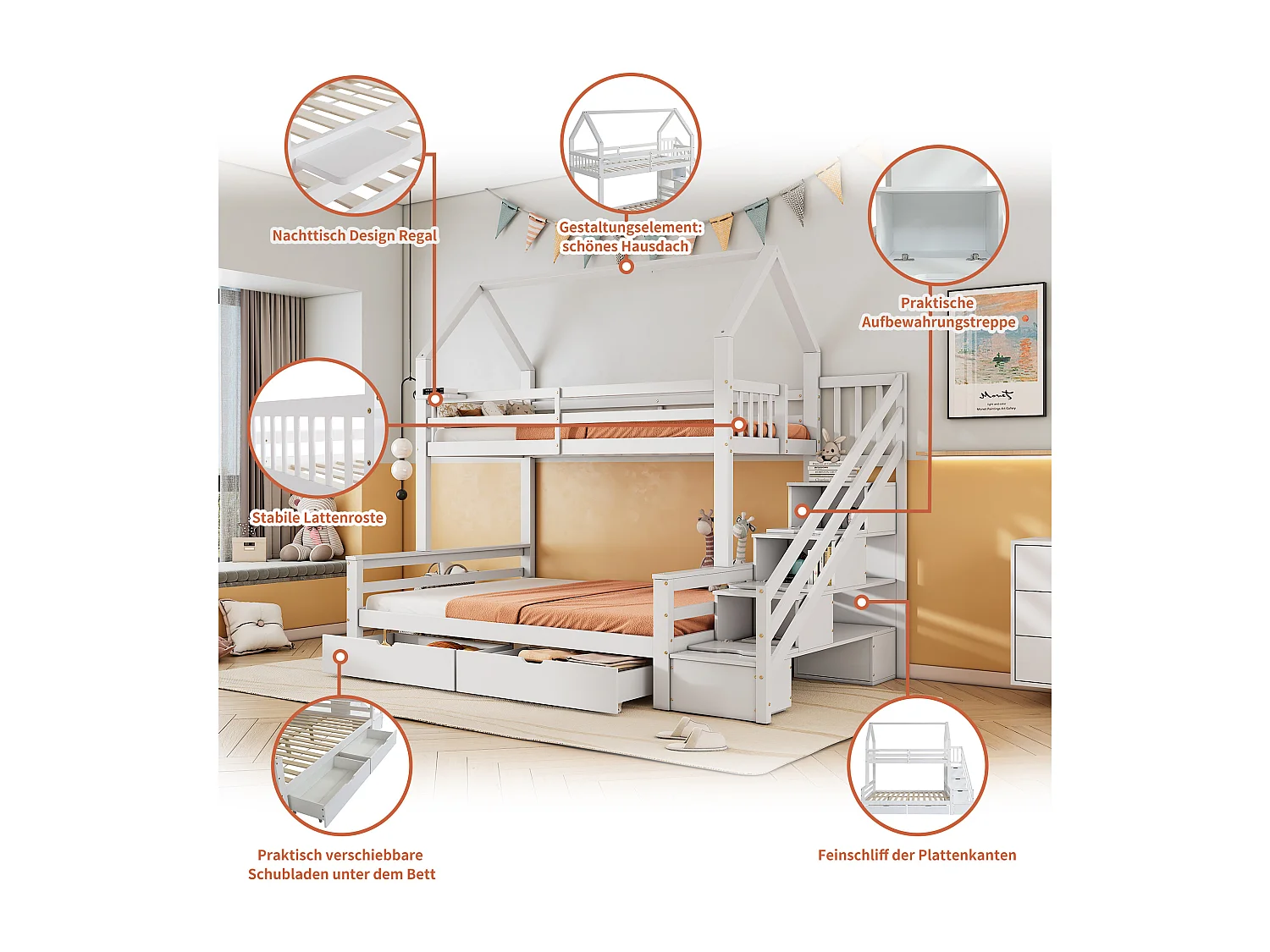 Literas 140 x 200 cm + 90 x 200 cm - 5 cajones y estantes de escalera - madera de pino - blanco