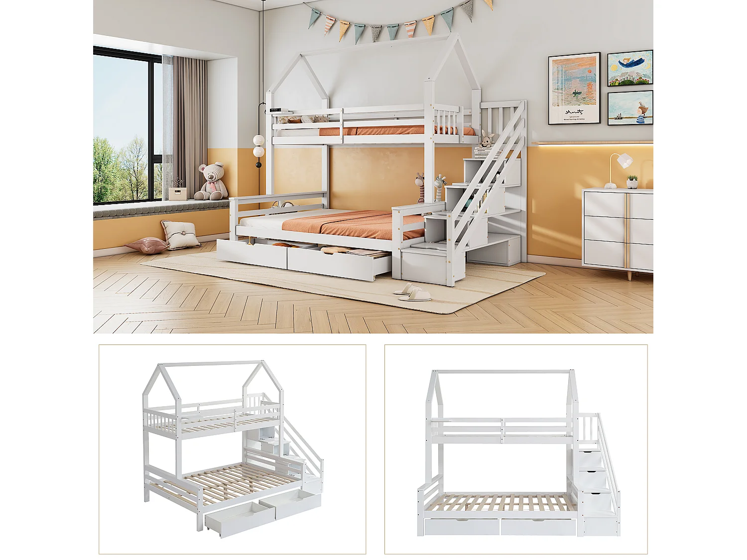 Literas 140 x 200 cm + 90 x 200 cm - 5 cajones y estantes de escalera - madera de pino - blanco