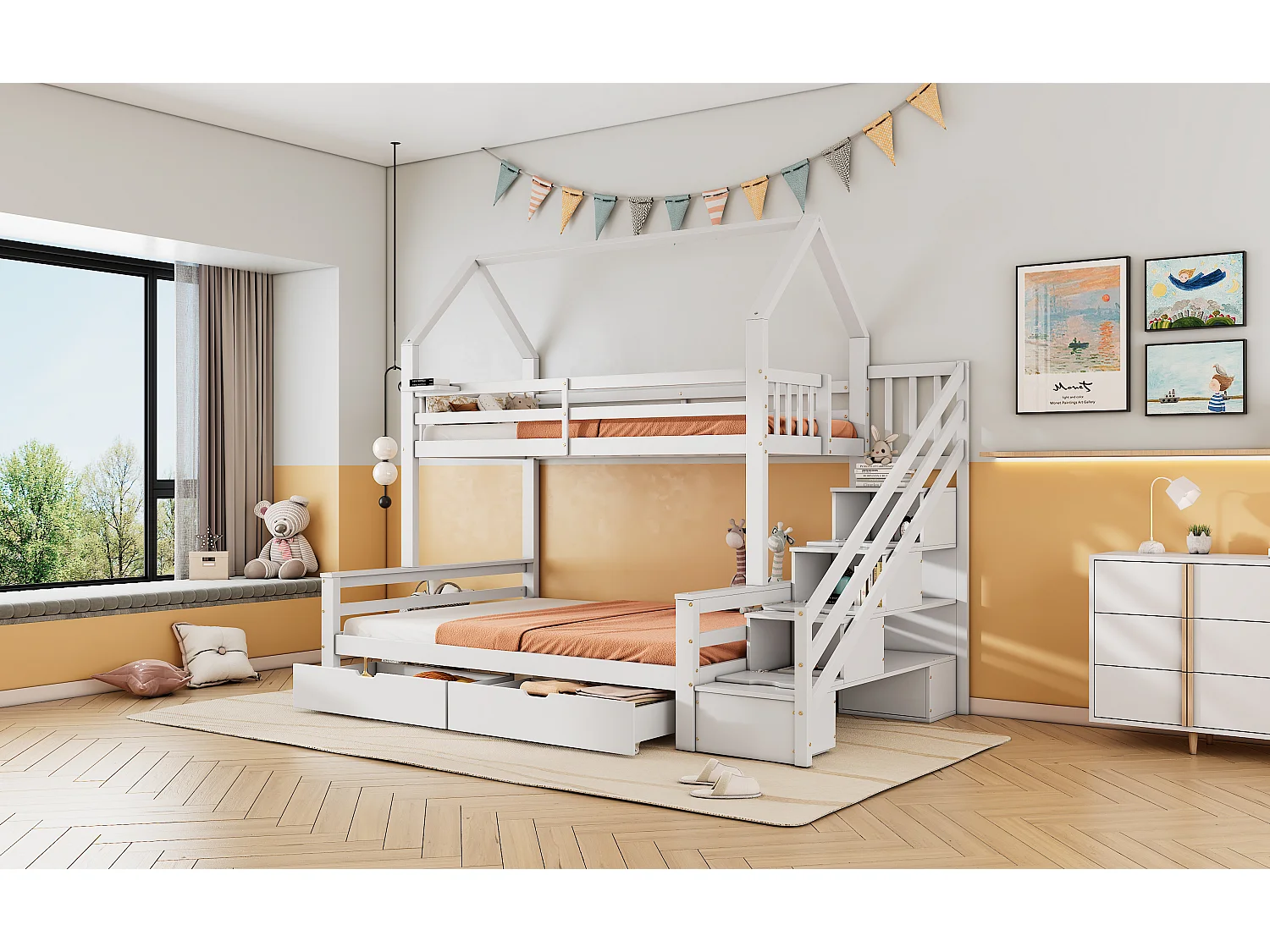 Literas 140 x 200 cm + 90 x 200 cm - 5 cajones y estantes de escalera - madera de pino - blanco