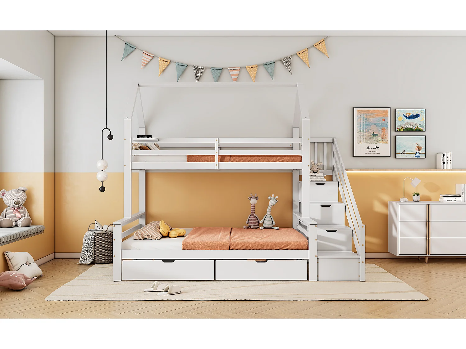 Literas 140 x 200 cm + 90 x 200 cm - 5 cajones y estantes de escalera - madera de pino - blanco