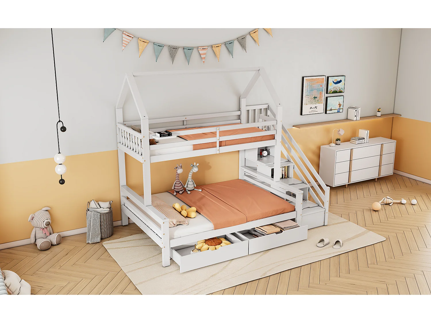 Literas 140 x 200 cm + 90 x 200 cm - 5 cajones y estantes de escalera - madera de pino - blanco