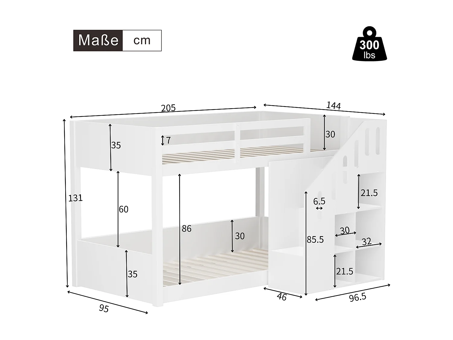Letti a castello 2 x 90 x 200 cm - scala con braccioli e ripiani portaoggetti - legno massello - bianco