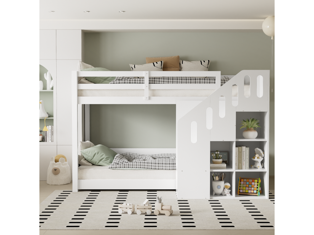 Beliche 2 x 90 x 200 cm - escada com braços e prateleiras de armazenamento - madeira maciça - branco
