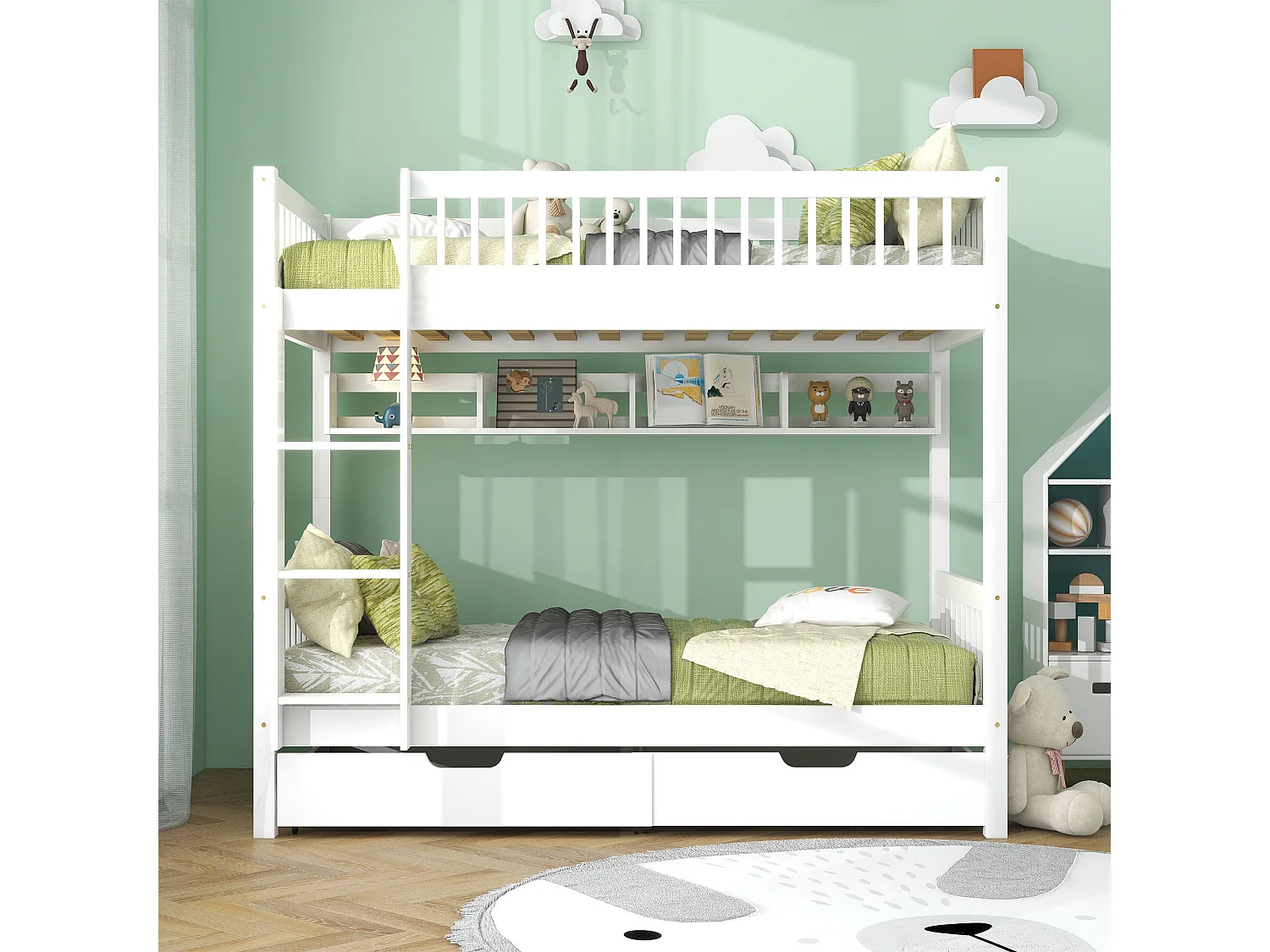 Abnehmbare Etagenbetten 2 x 90 x 200 cm aus MDF und Kiefernholz – 2 Schubladen und Ablagefach – Weiß