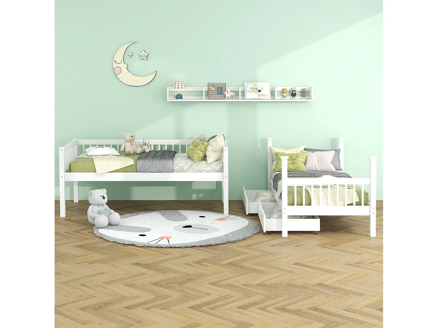 Abnehmbare Etagenbetten 2 x 90 x 200 cm aus MDF und Kiefernholz – 2 Schubladen und Ablagefach – Weiß