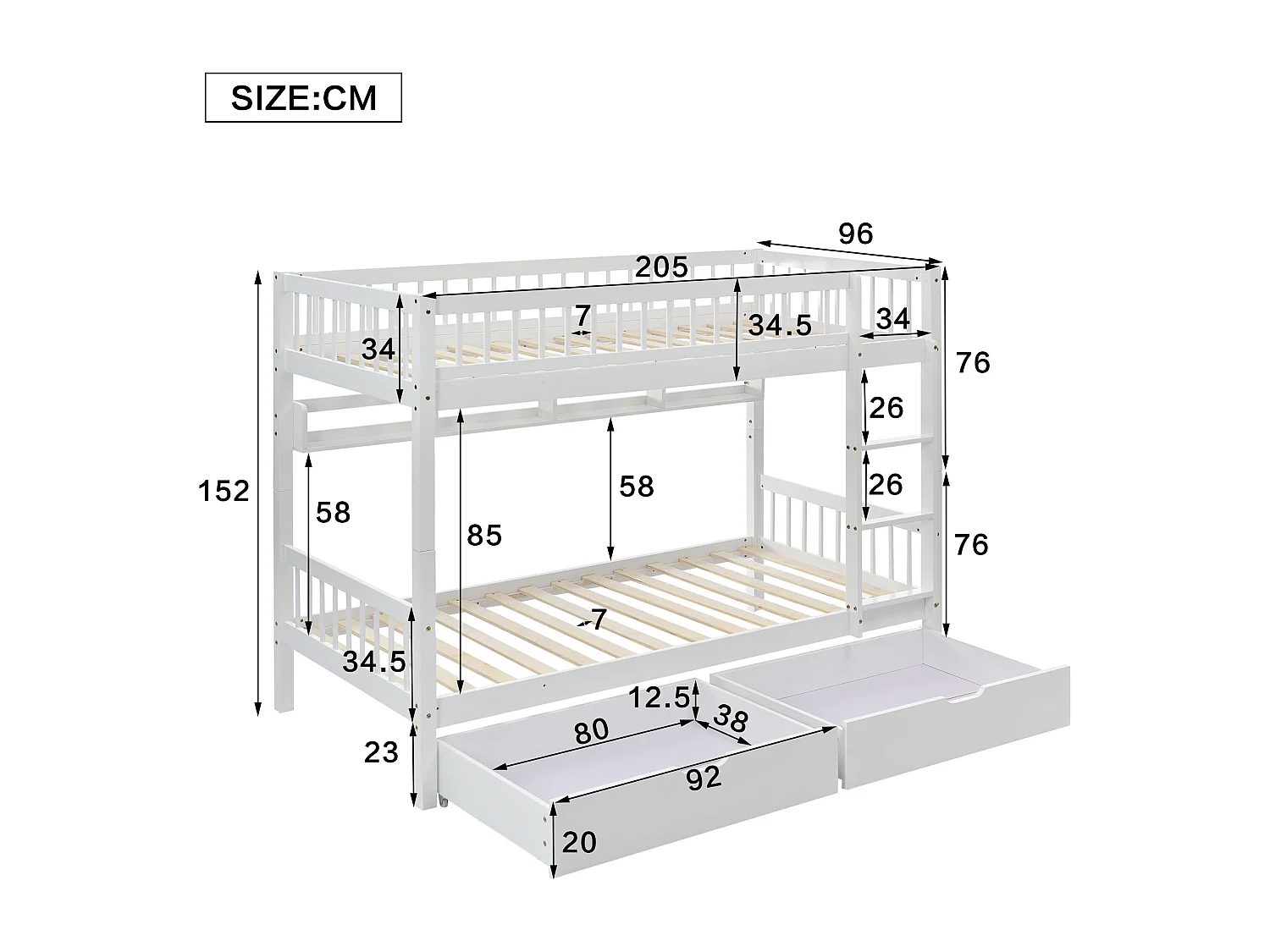 Abnehmbare Etagenbetten 2 x 90 x 200 cm aus MDF und Kiefernholz – 2 Schubladen und Ablagefach – Weiß