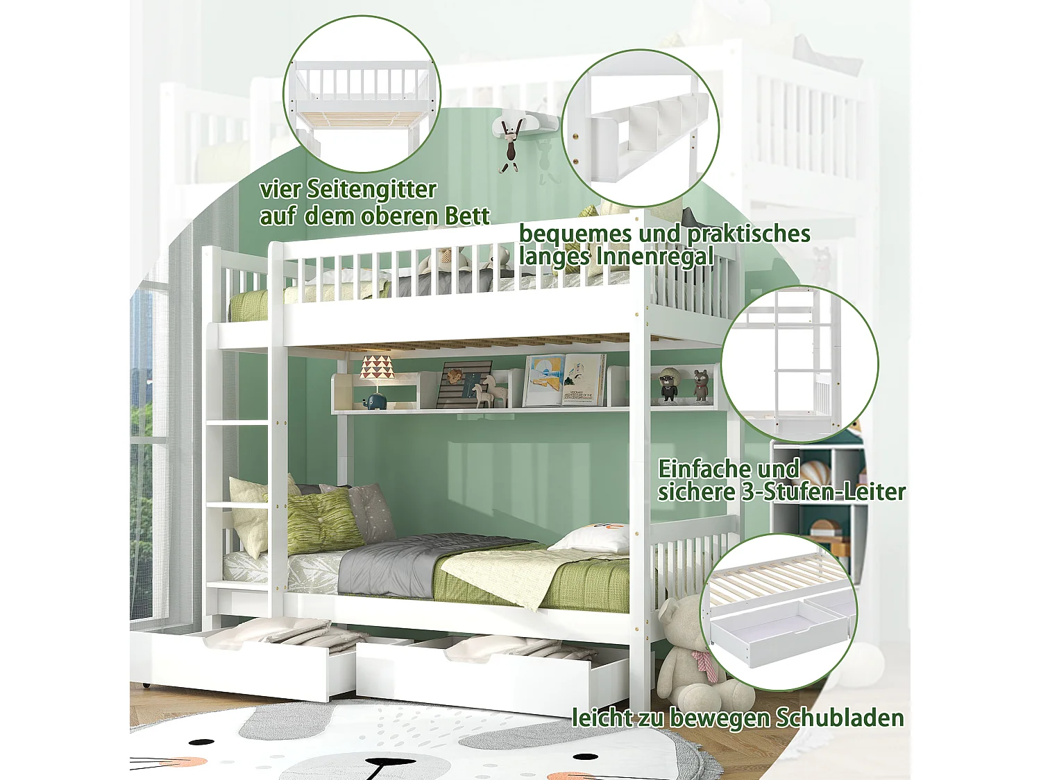 Abnehmbare Etagenbetten 2 x 90 x 200 cm aus MDF und Kiefernholz – 2 Schubladen und Ablagefach – Weiß