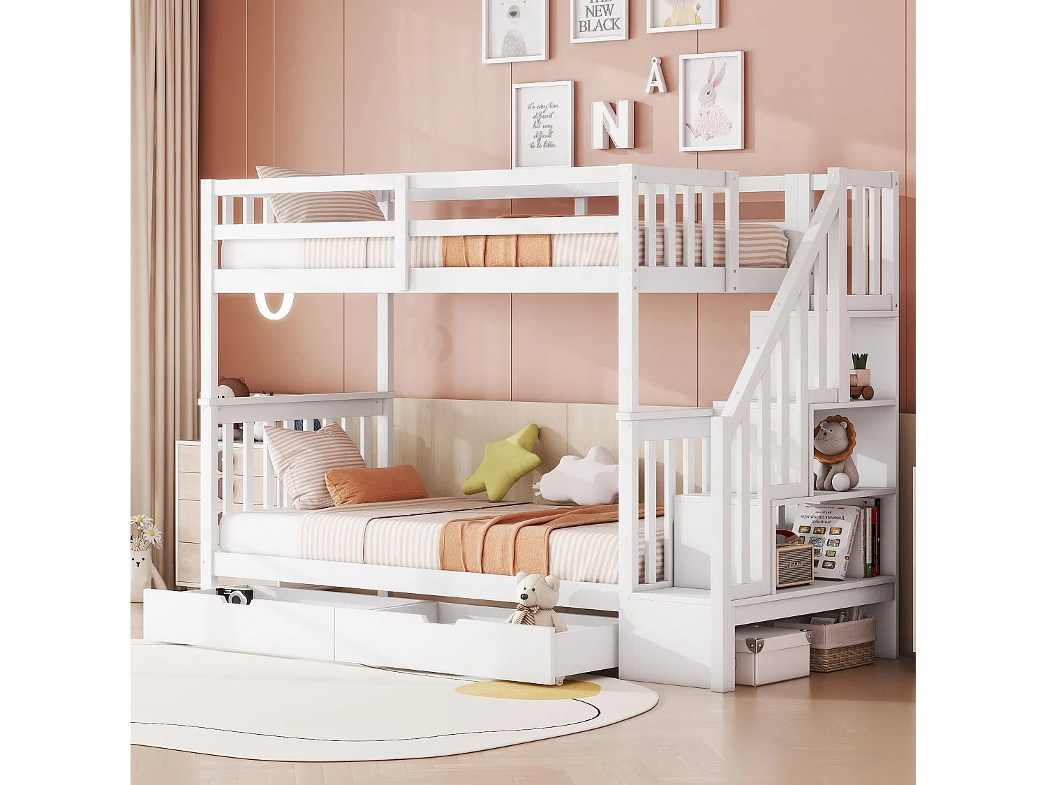 Beliches 2 x 90 x 200 cm para crianças - prateleira de escada + 2 gavetas - Madeira MDF - Branco