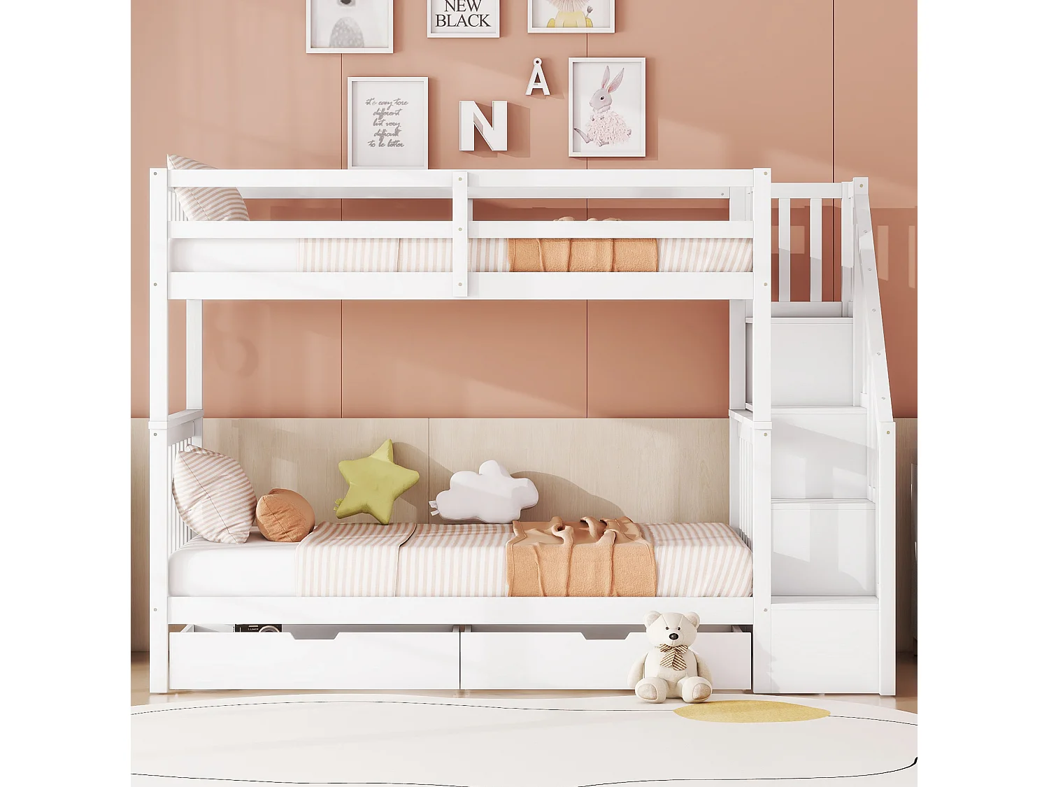 Beliches 2 x 90 x 200 cm para crianças - prateleira de escada + 2 gavetas - Madeira MDF - Branco