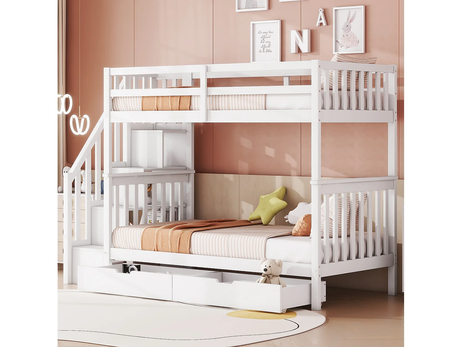 Beliches 2 x 90 x 200 cm para crianças - prateleira de escada + 2 gavetas - Madeira MDF - Branco