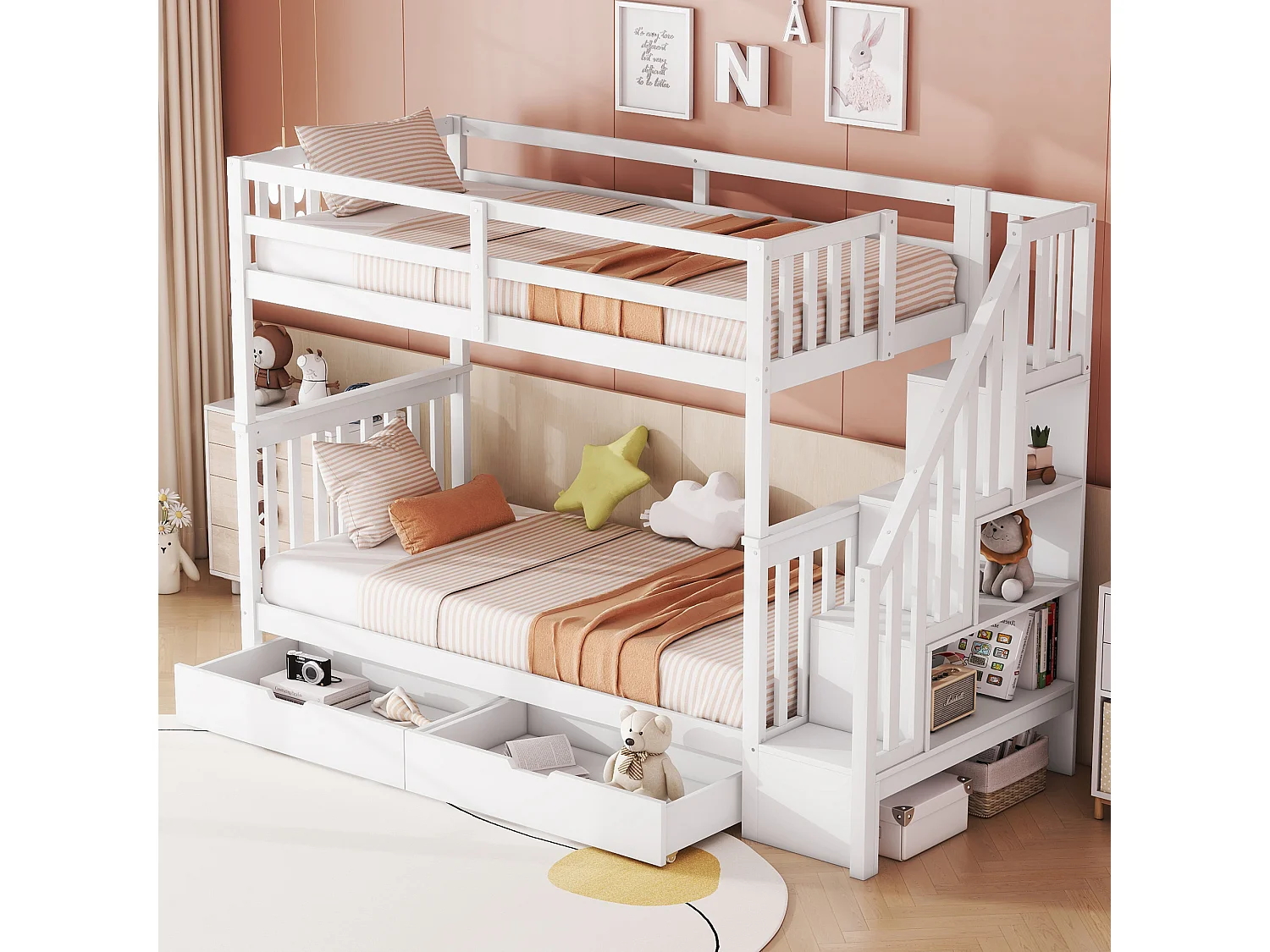 Beliches 2 x 90 x 200 cm para crianças - prateleira de escada + 2 gavetas - Madeira MDF - Branco