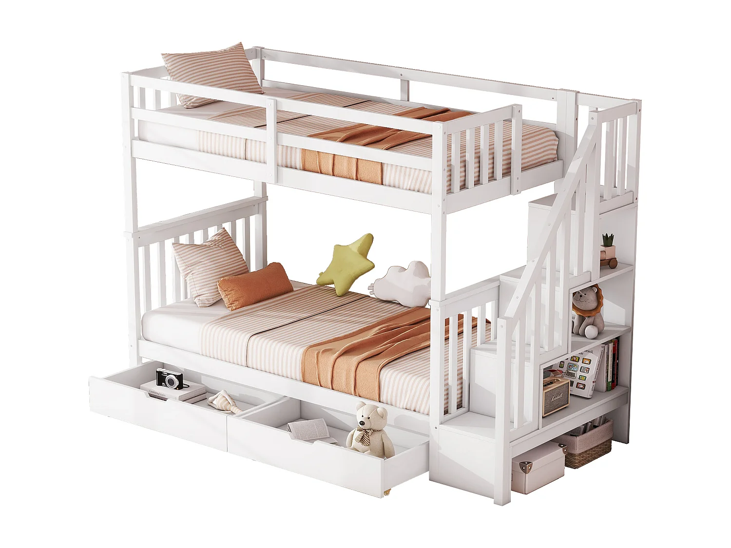 Beliches 2 x 90 x 200 cm para crianças - prateleira de escada + 2 gavetas - Madeira MDF - Branco