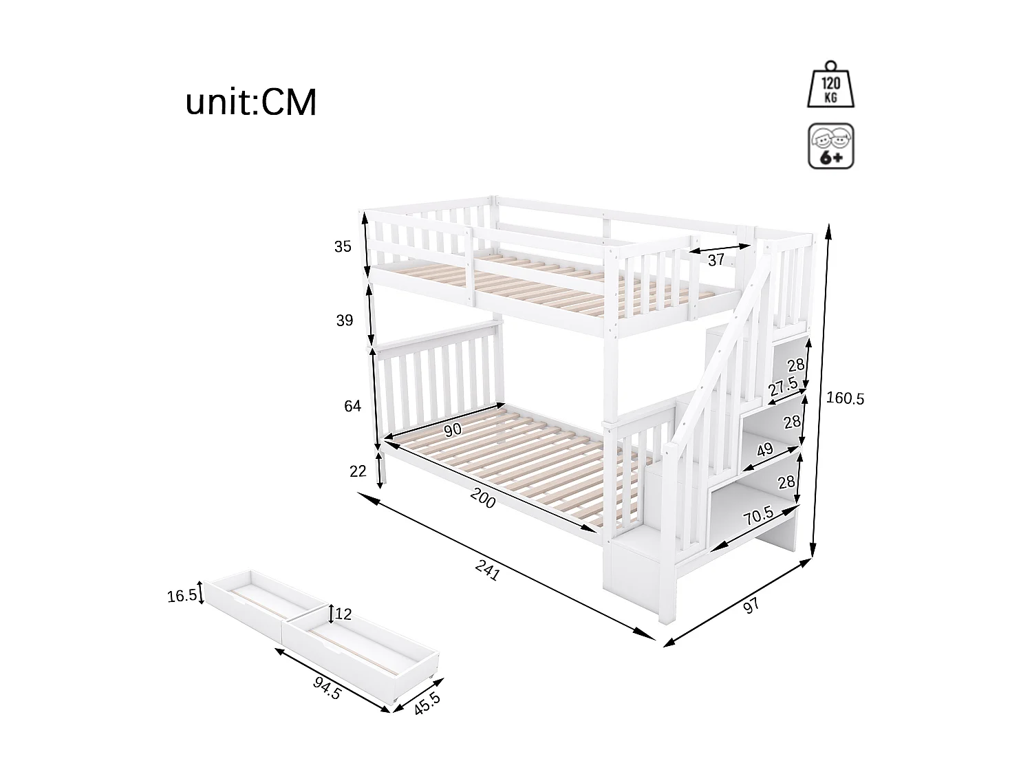 Beliches 2 x 90 x 200 cm para crianças - prateleira de escada + 2 gavetas - Madeira MDF - Branco