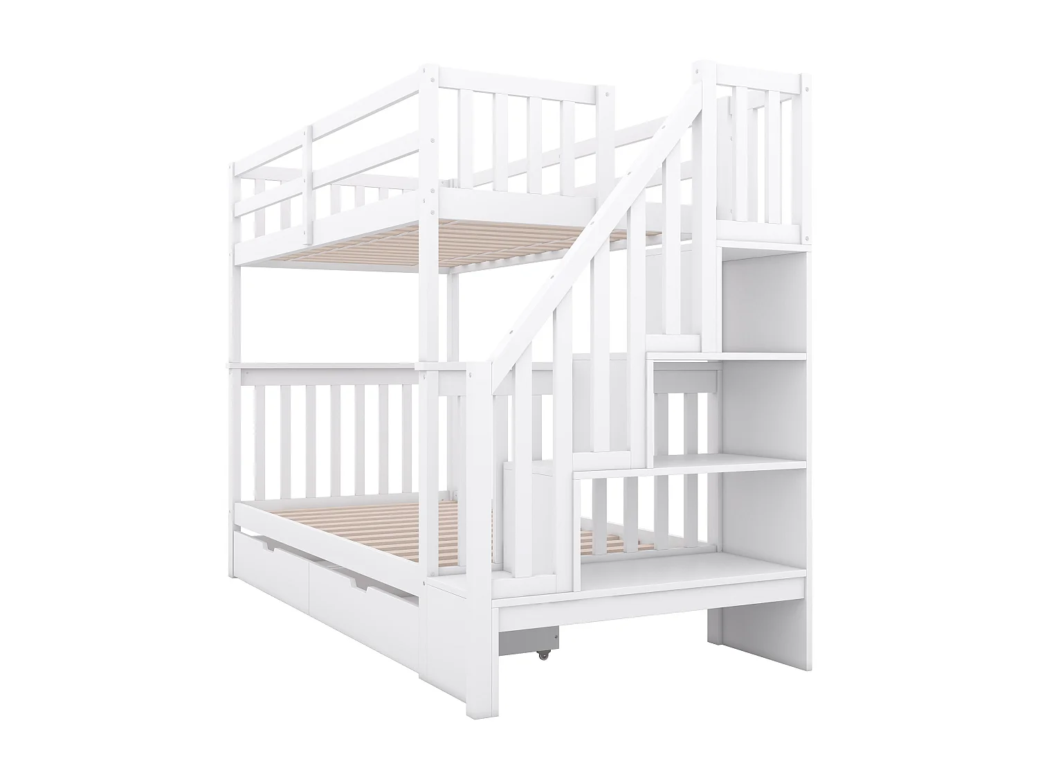 Beliches 2 x 90 x 200 cm para crianças - prateleira de escada + 2 gavetas - Madeira MDF - Branco