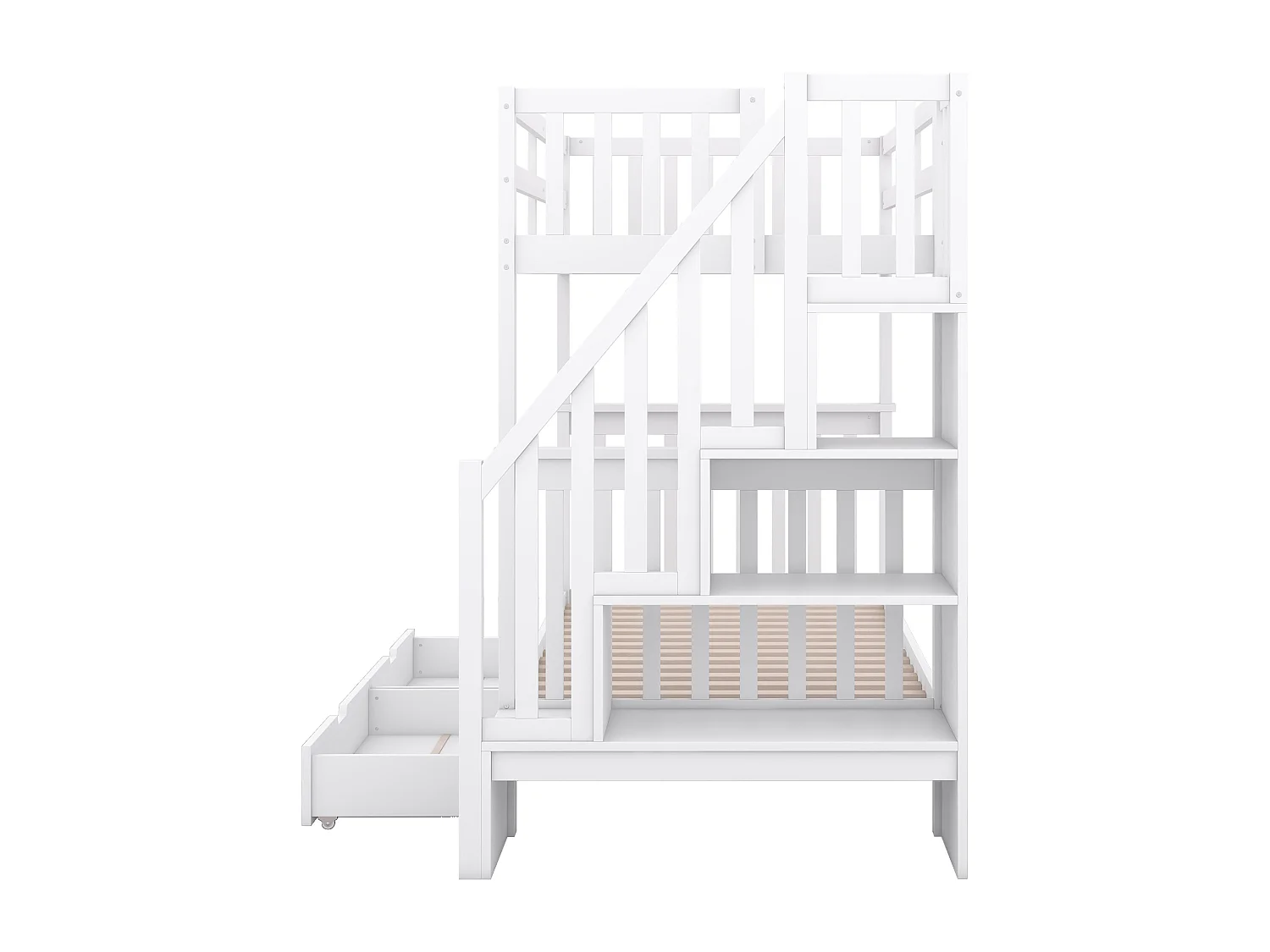 Beliches 2 x 90 x 200 cm para crianças - prateleira de escada + 2 gavetas - Madeira MDF - Branco