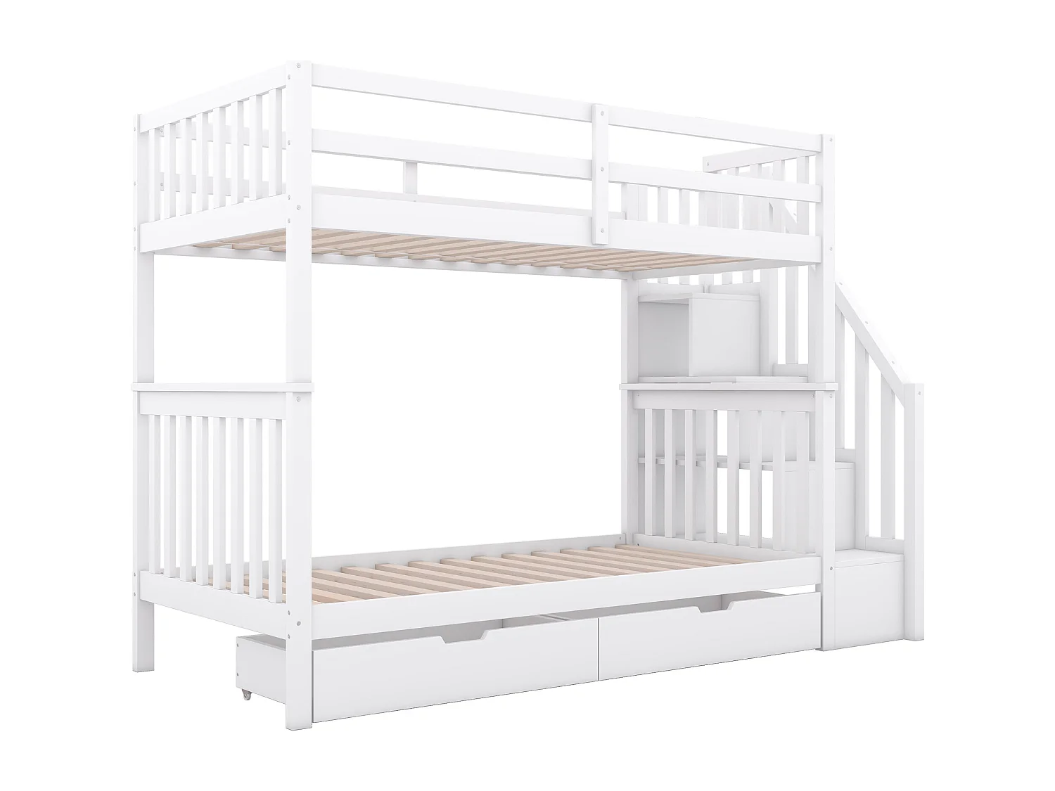 Beliches 2 x 90 x 200 cm para crianças - prateleira de escada + 2 gavetas - Madeira MDF - Branco