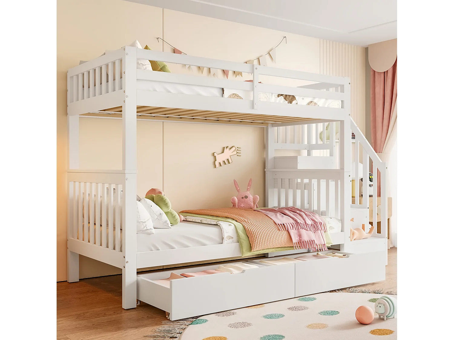 Lits superposés 2 x 90 x 200 cm pour enfant - étagère d'escalier + 2 tiroirs - bois MDF - Blanc