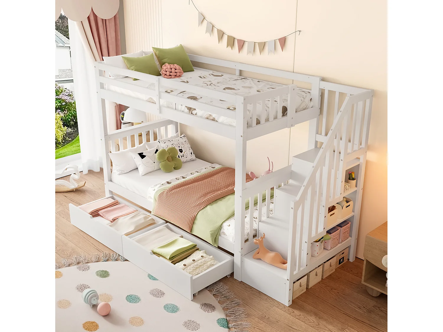 Lits superposés 2 x 90 x 200 cm pour enfant - étagère d'escalier + 2 tiroirs - bois MDF - Blanc
