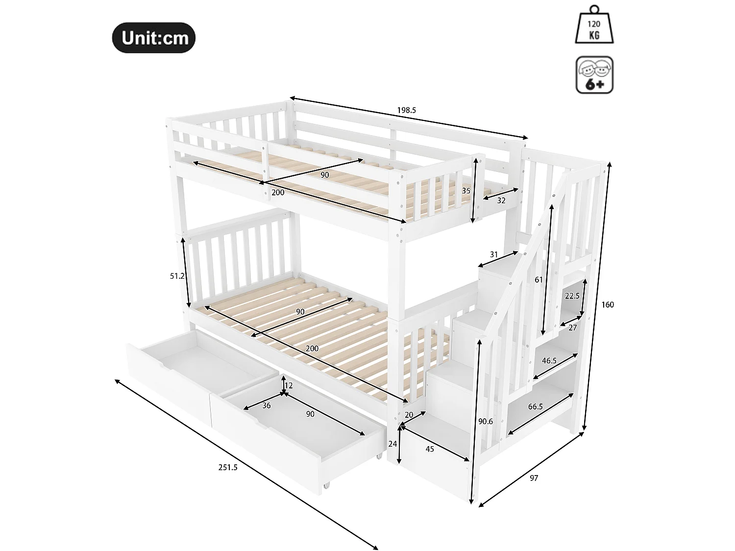 Lits superposés 2 x 90 x 200 cm pour enfant - étagère d'escalier + 2 tiroirs - bois MDF - Blanc