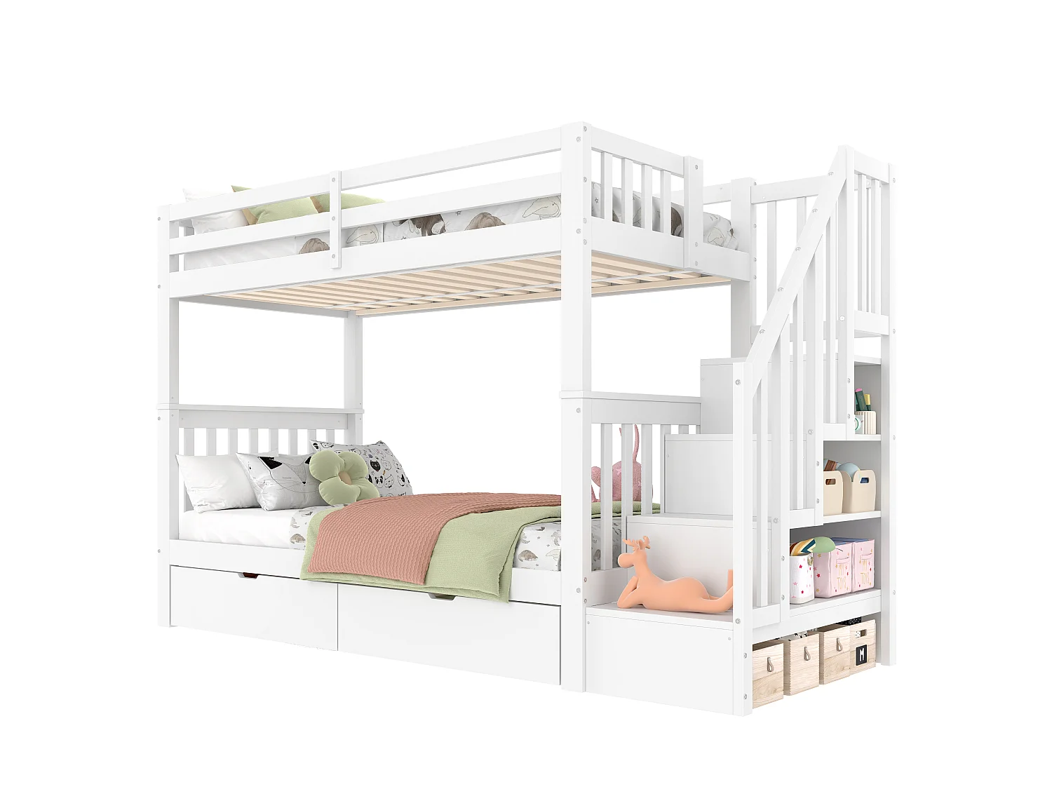 Lits superposés 2 x 90 x 200 cm pour enfant - étagère d'escalier + 2 tiroirs - bois MDF - Blanc
