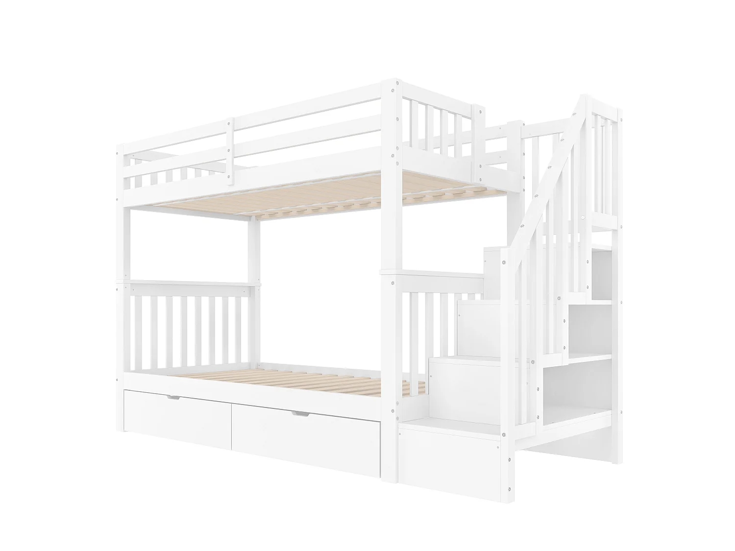 Lits superposés 2 x 90 x 200 cm pour enfant - étagère d'escalier + 2 tiroirs - bois MDF - Blanc