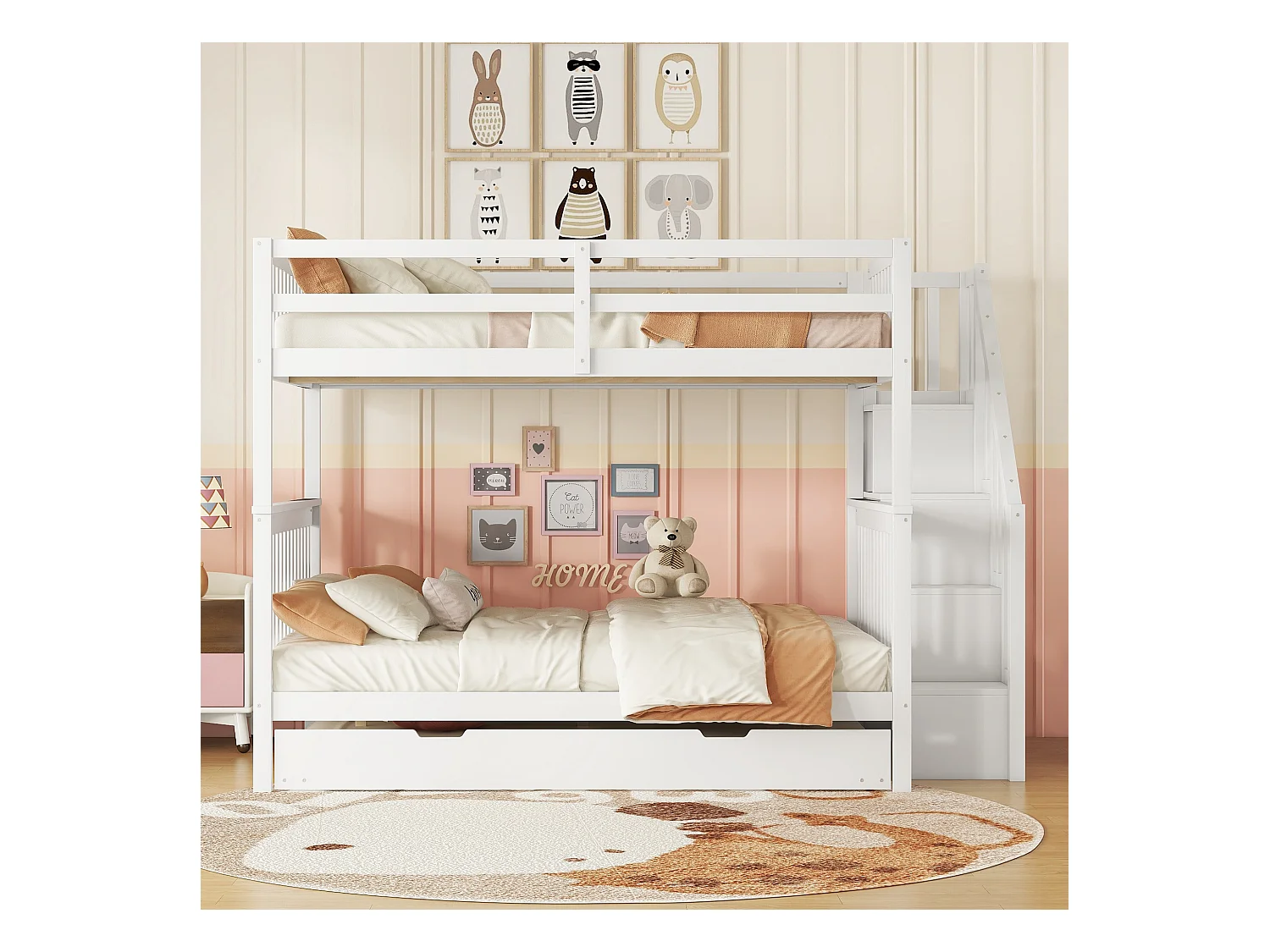 Etagenbetten 2 x 140 x 200 cm mit Ausziehbett 90 x 190 cm – Treppenregal – MDF-Holz – Weiß