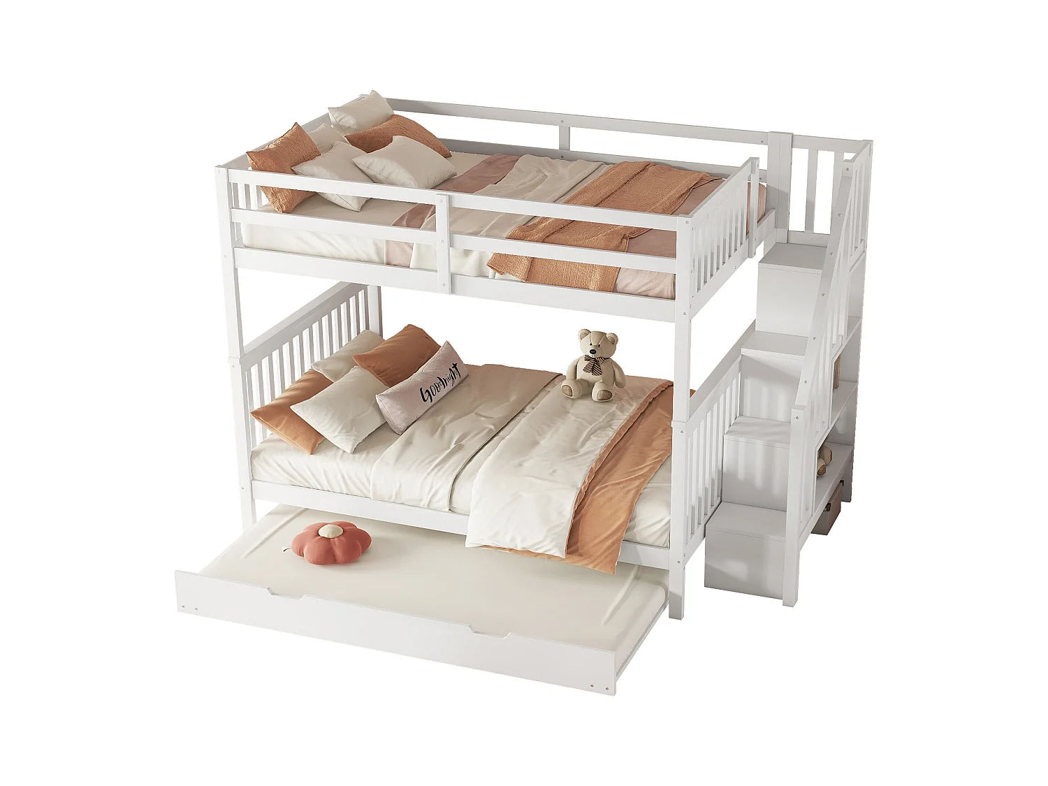 Etagenbetten 2 x 140 x 200 cm mit Ausziehbett 90 x 190 cm – Treppenregal – MDF-Holz – Weiß