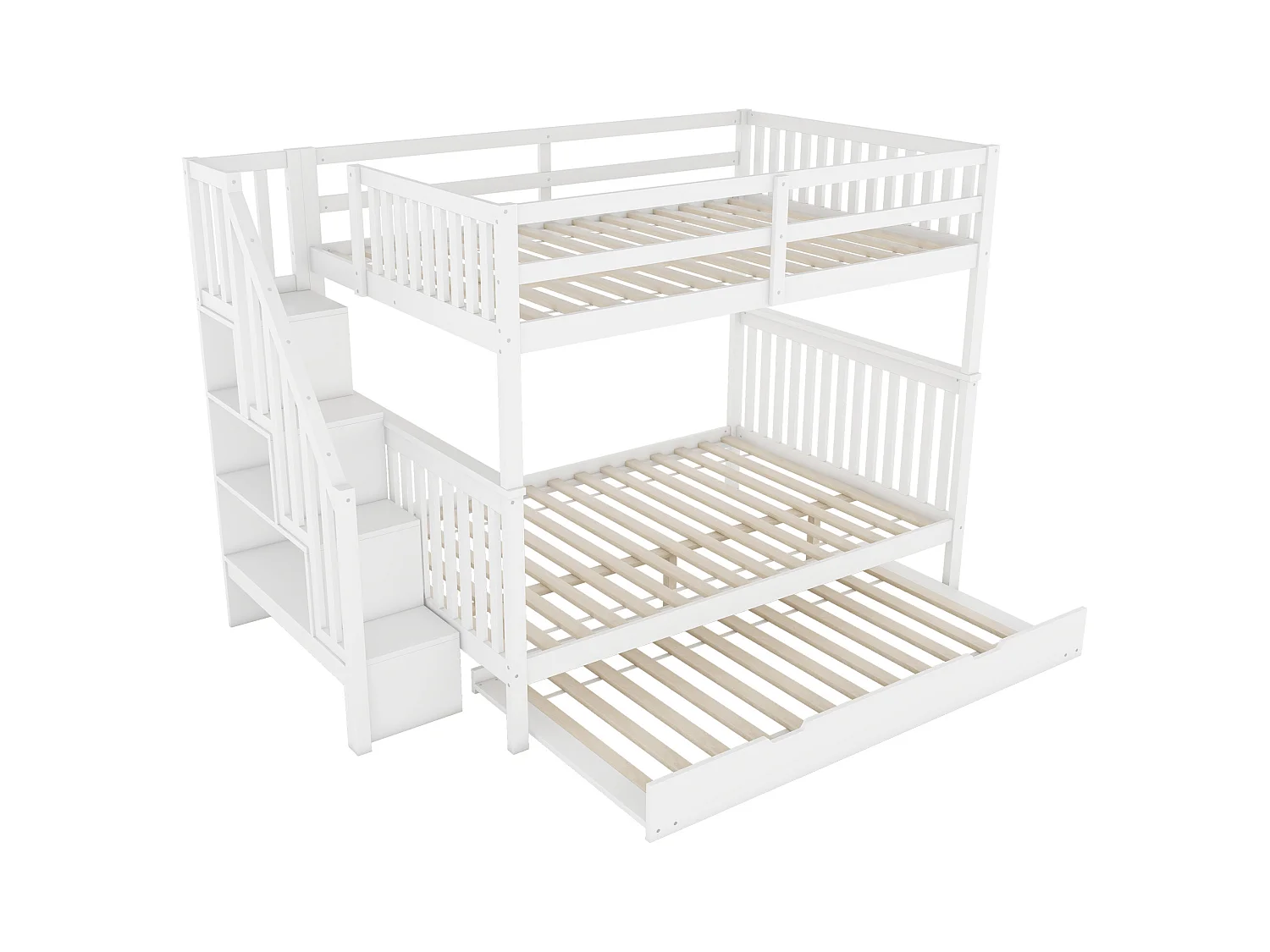 Etagenbetten 2 x 140 x 200 cm mit Ausziehbett 90 x 190 cm – Treppenregal – MDF-Holz – Weiß