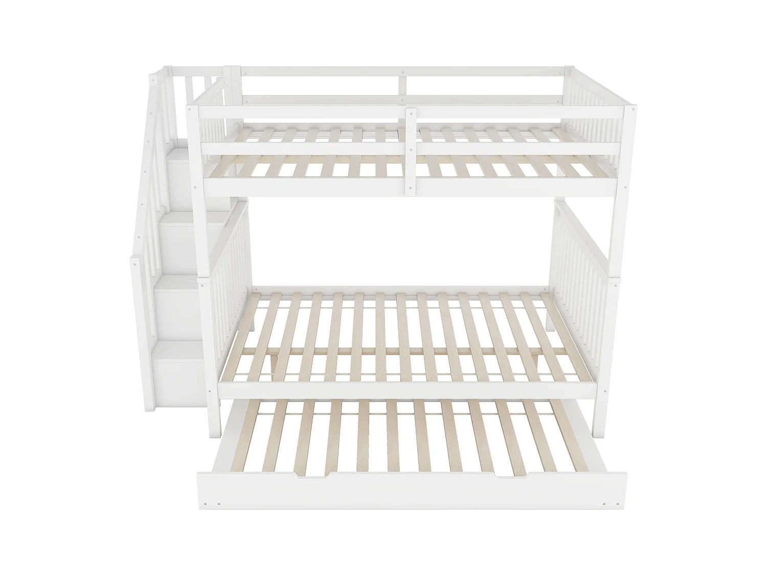 Etagenbetten 2 x 140 x 200 cm mit Ausziehbett 90 x 190 cm – Treppenregal – MDF-Holz – Weiß