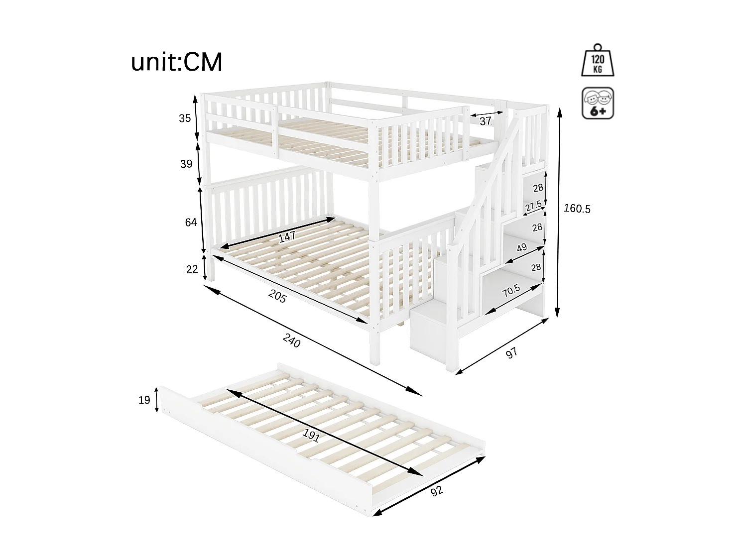 Beliches 2 x 140 x 200 cm com bicama 90 x 190cm - prateleira para escada - Madeira MDF - Branco